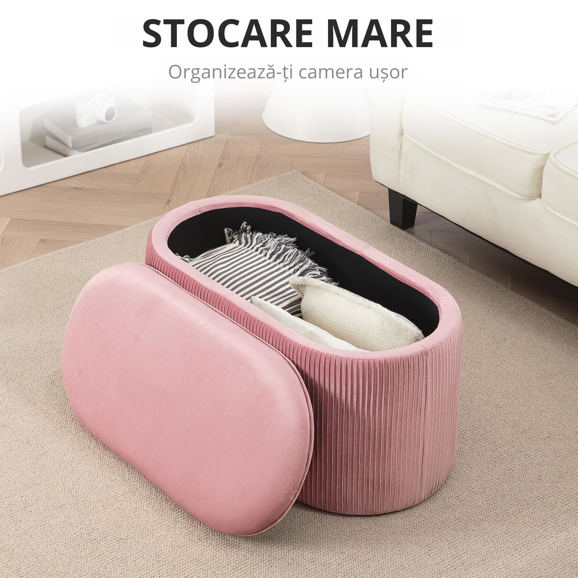  Puf Roz din Catifea, Cu Capac & Spatiu Depozitare [6]