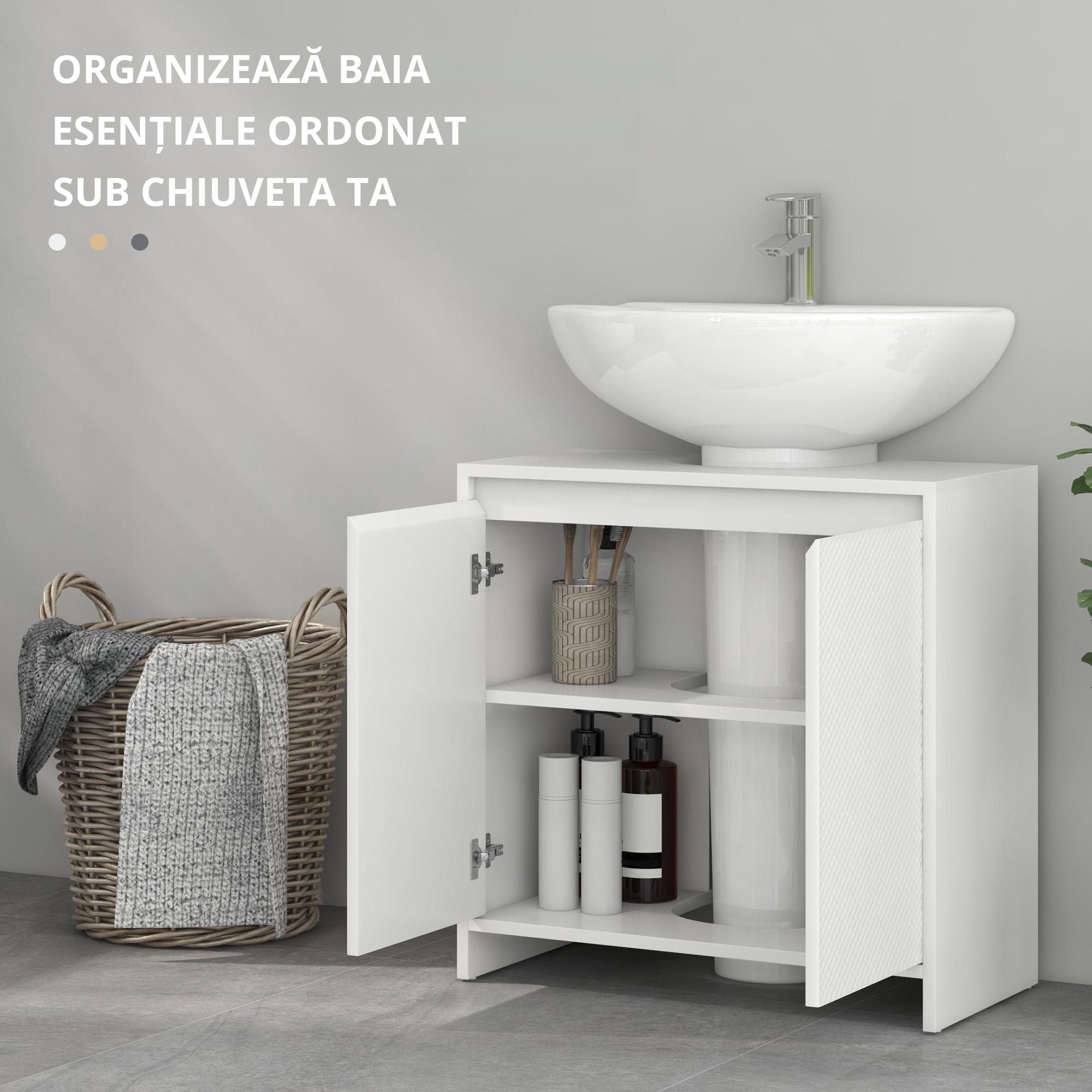  Mobilier Sub Chiuveta pentru Baie cu 2 Usi, Dulap de Baie cu Decupaj in U pentru tevi, 60x30x60 cm, Alb [3]
