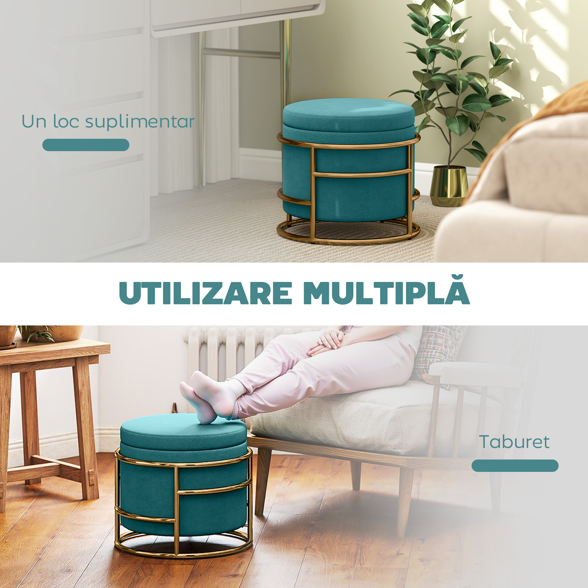 Pouf  Rotund in Catifea cu Compartiment de 24L si Capac Detasabil, Ø42x39 cm, Verde [5]