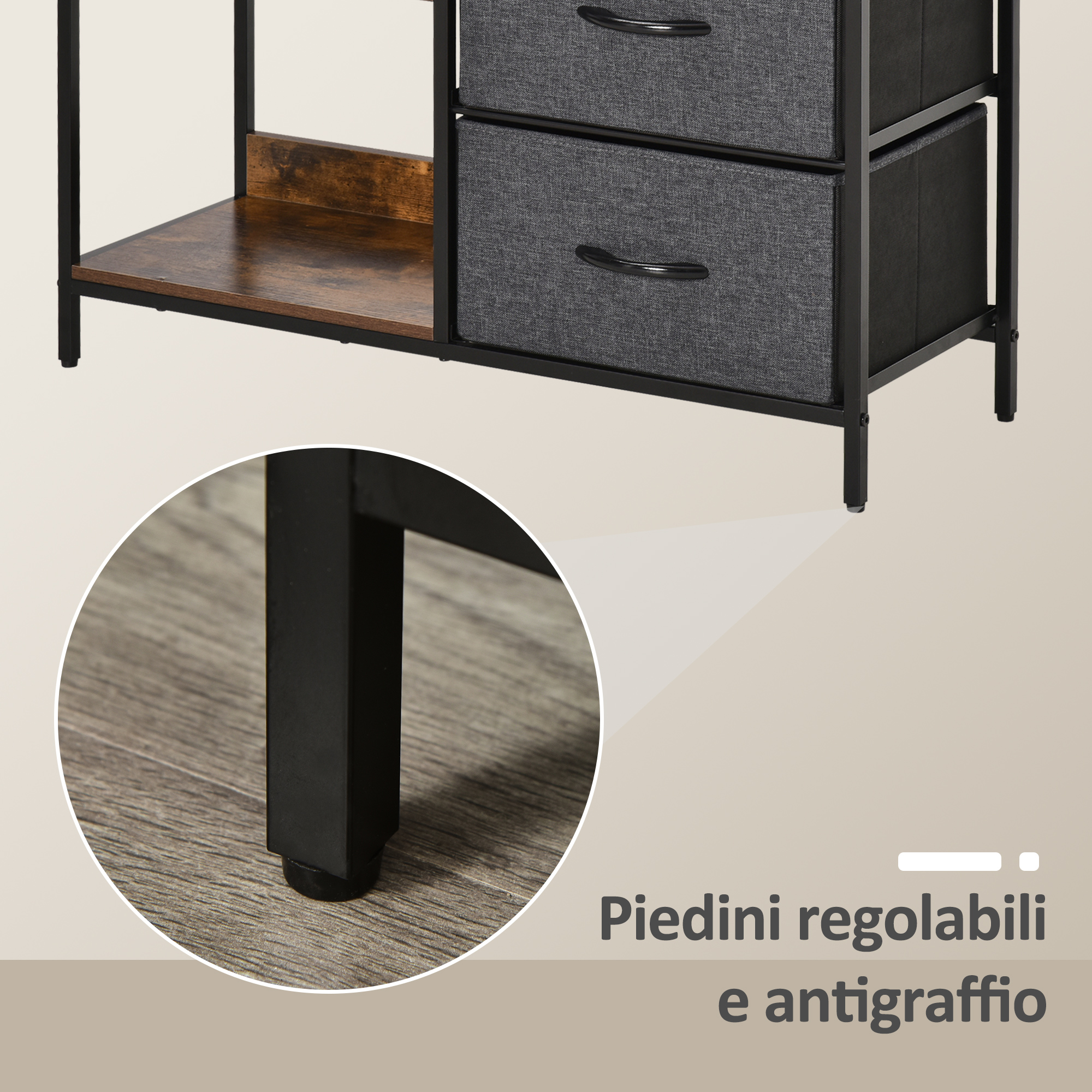 IRONCK Cassettiera Con 9 Cassetti E 3 Ripiani Aperti – LED RGB 60.000 Colori, Stazione Di Ricarica UK Con 2 Prese E 2 USB, Marrone E Nero
