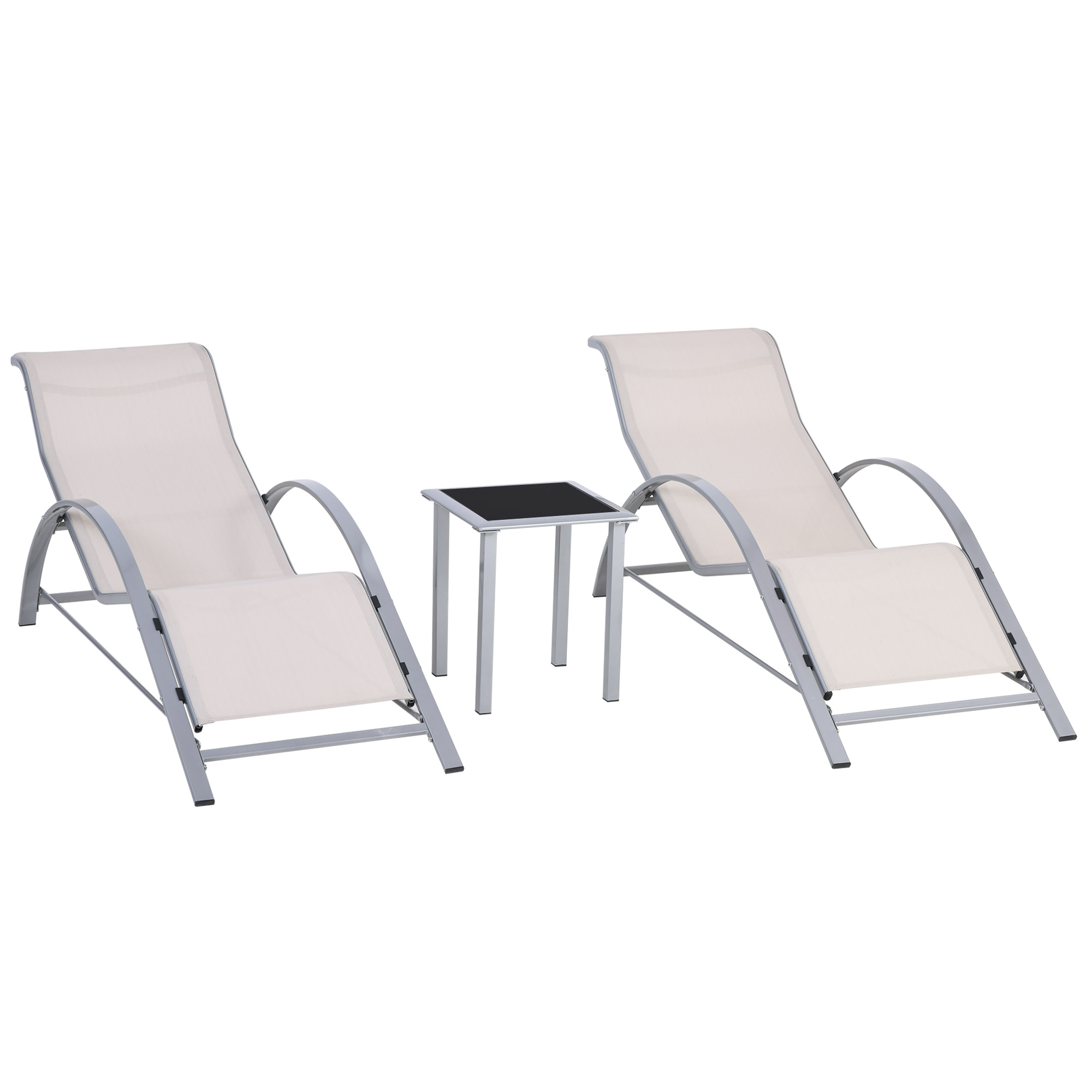 Outsunny Set 2 Gartenliegen und Beistelltisch mit Glasplatte, Sonnenliege mit atmungsaktivem Gewebe, 59x169x66 cm, Creme Aosom