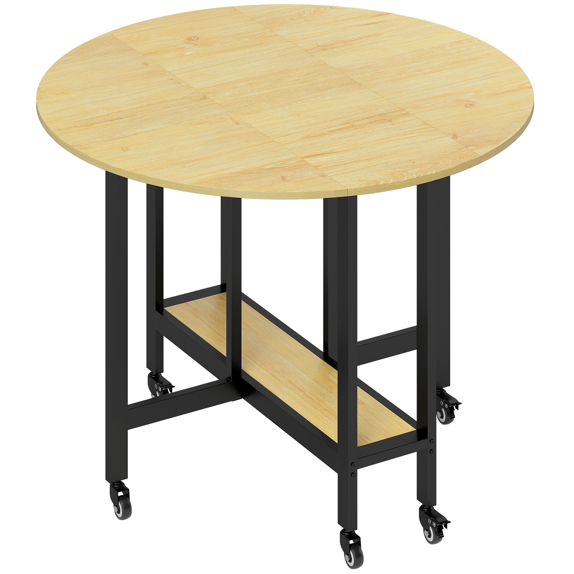 HOMCOM Mesa de comedor plegable con ruedas, mesa de cocina para 4 personas con estantería integrada, 100 x 100 x 75 cm, roble