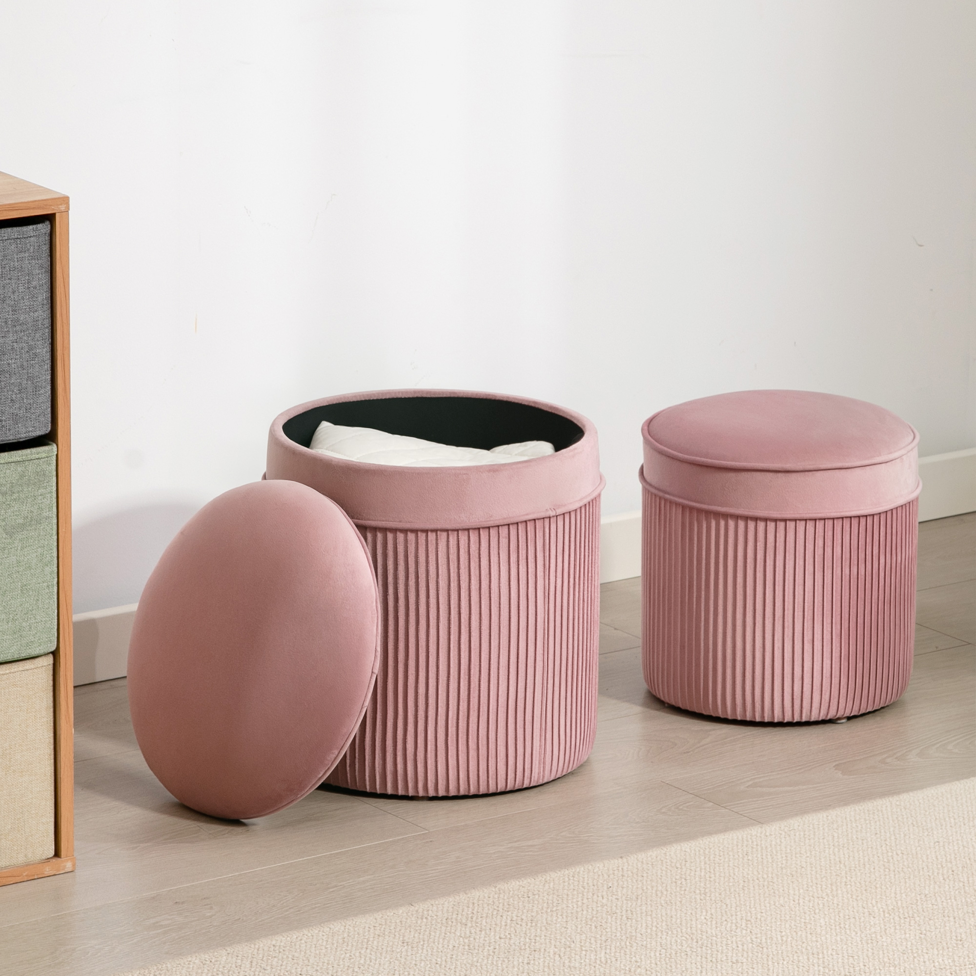 Chilihom Set Di 2 Pouf Rotondi Con Contenitore – Velluto Bordeaux, Sostiene 136 Kg, Poggiapiedi Multiuso E Tavolino Per Soggiorno E Camera - 4