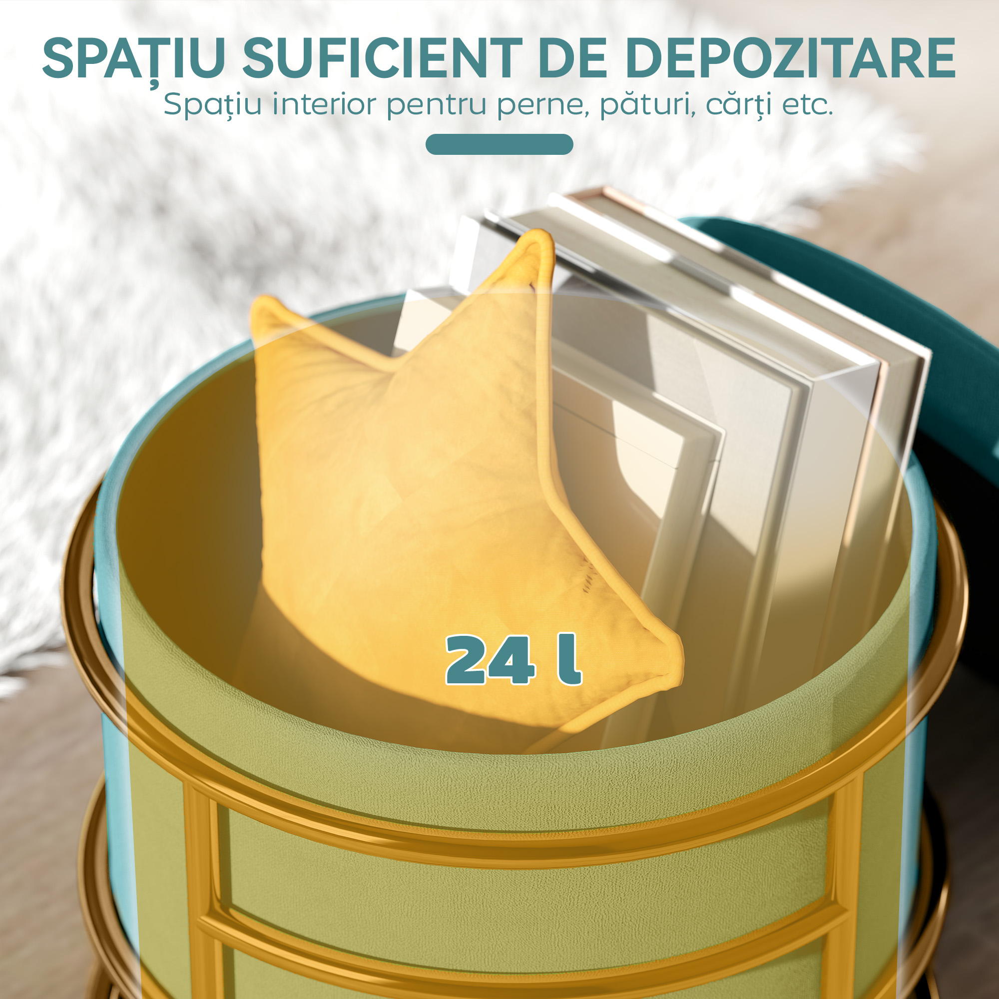 Pouf  Rotund in Catifea cu Compartiment de 24L si Capac Detasabil, Ø42x39 cm, Verde [4]