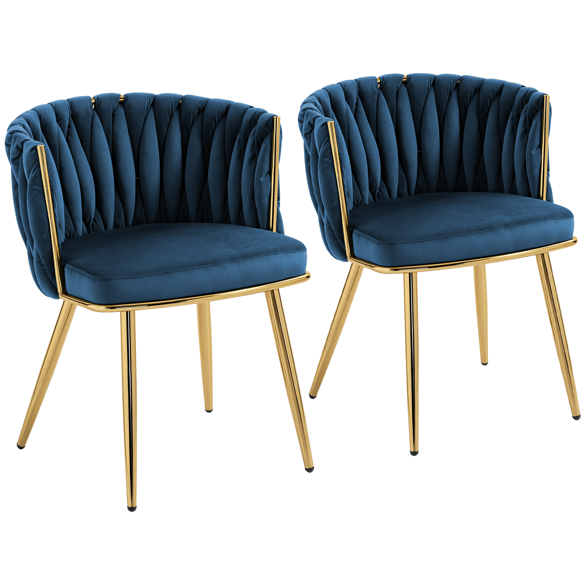 HOMCOM Velvet-Feel Dining Chairs Set of 2, Modern Upholstered Kitchen Chairs with Woven Backrest and Armrests, Metal Legs and Padded Seat for Dining Room, Bedroom, Living Room, Dark Blue