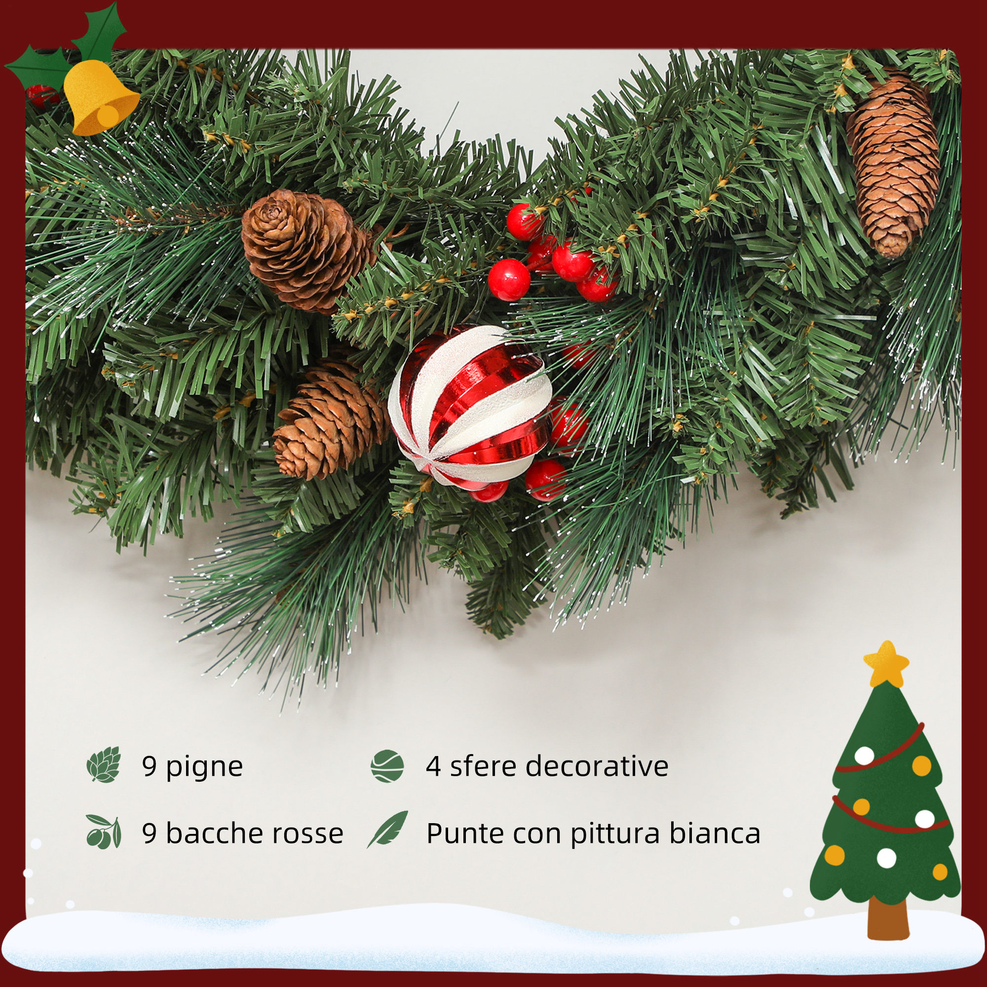 Joiedomi Ghirlanda Natalizia Luminosa 2,7 M – Con Pigne, Bacche Rosse E 50 Luci – Alimentazione Plug-in