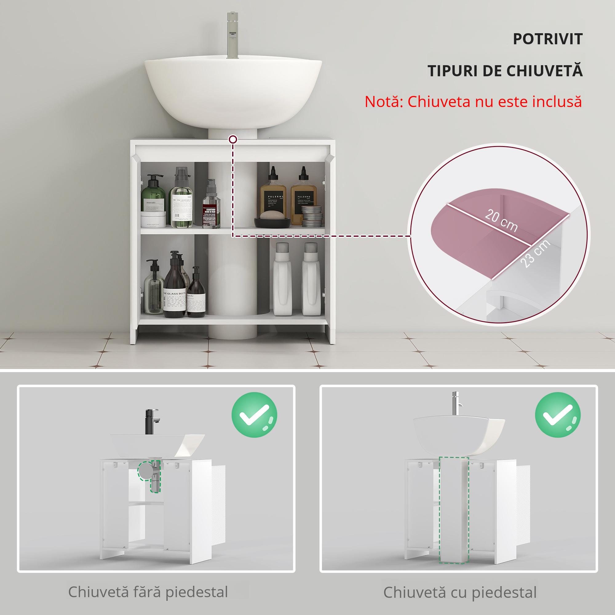  Mobilier Sub Chiuveta pentru Baie cu 2 Usi, Dulap de Baie cu Decupaj in U pentru tevi, 60x30x60 cm, Alb [4]