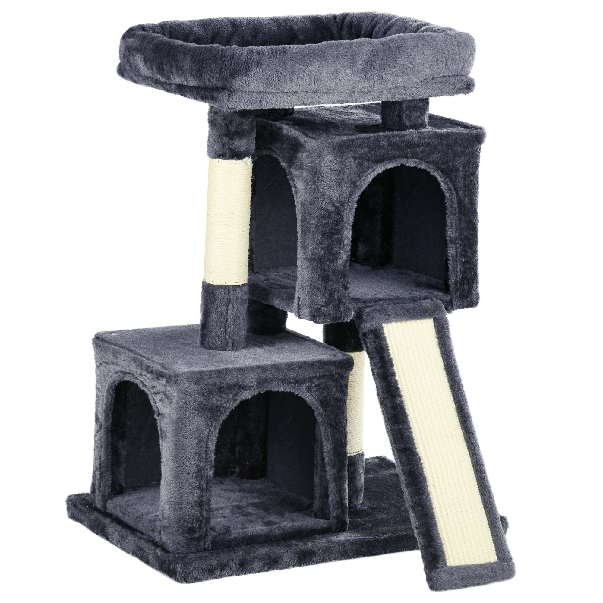 PawHut Albero Tiragraffi per Gatti con Pali in Sisal, Lettino e 2 Casette, 59x39x83cm, Nero Aosom