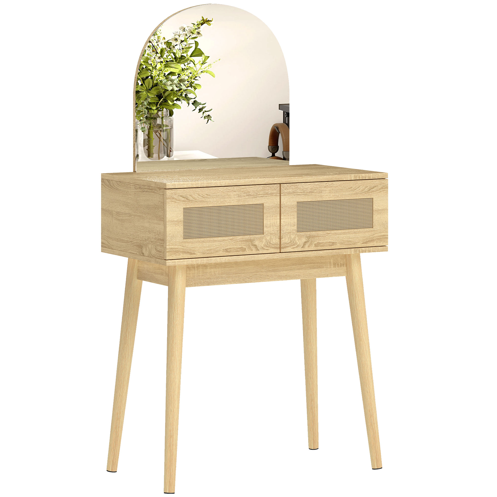 HOMCOM Schminktisch mit gewölbtem Spiegel, Schminktisch mit 2 Schubladen mit Rattan-Front, Schminktisch für Schlafzimmer, kleine Räume, natur Aosom
