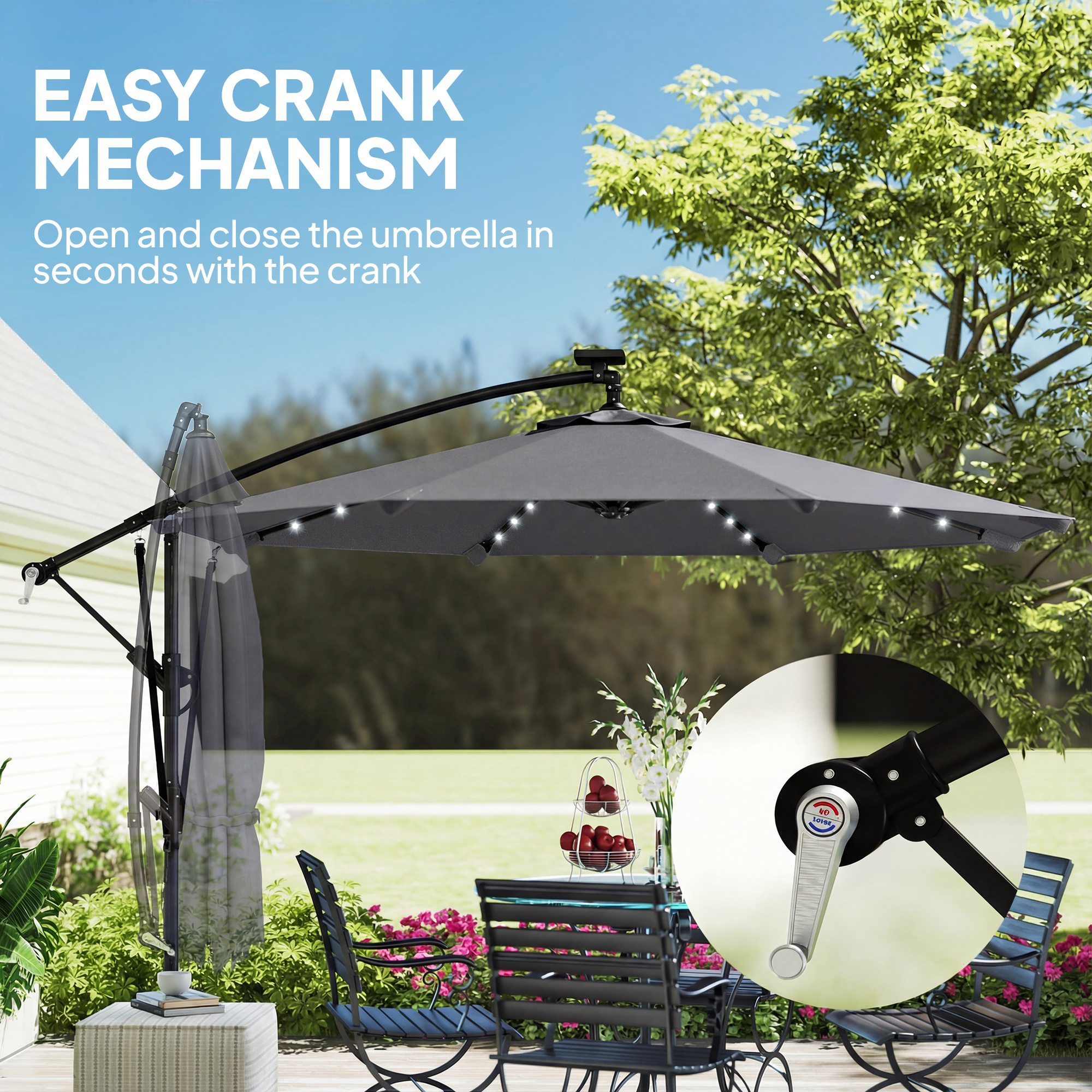 Outsunny Ombrellone Da Giardino Con Luci LED Solari – Diametro 292 Cm, Inclinabile Fino A 45° – Color Crema, Senza Base – Ideale Per Terrazza E Piscina