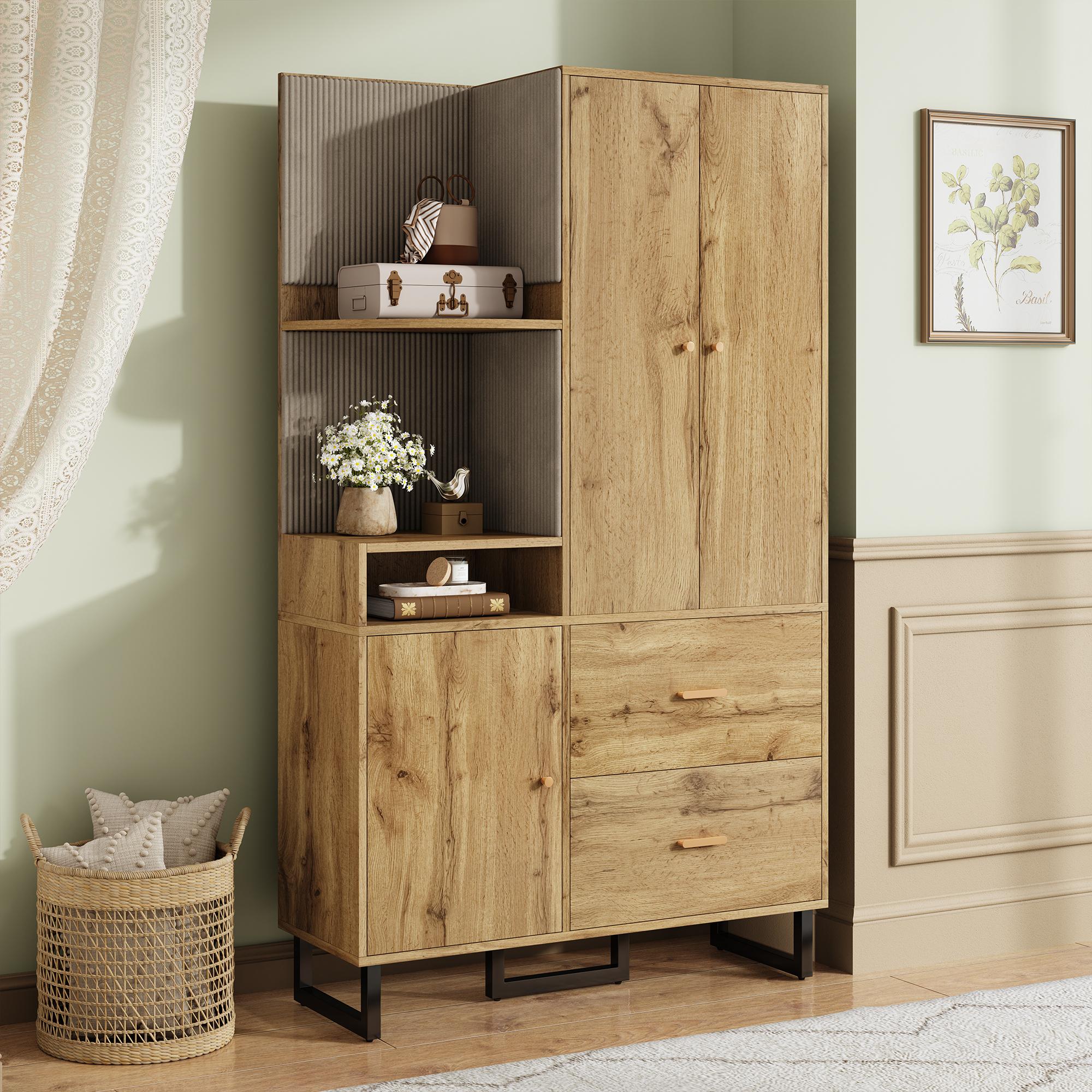 Garderobenschrank mit offenen Ablagefächern, ausziehbarer Kleiderstange, 2 geräumigen Schubladen, 110x38x186 cm, Naturfarbe – Bild 2 von 2