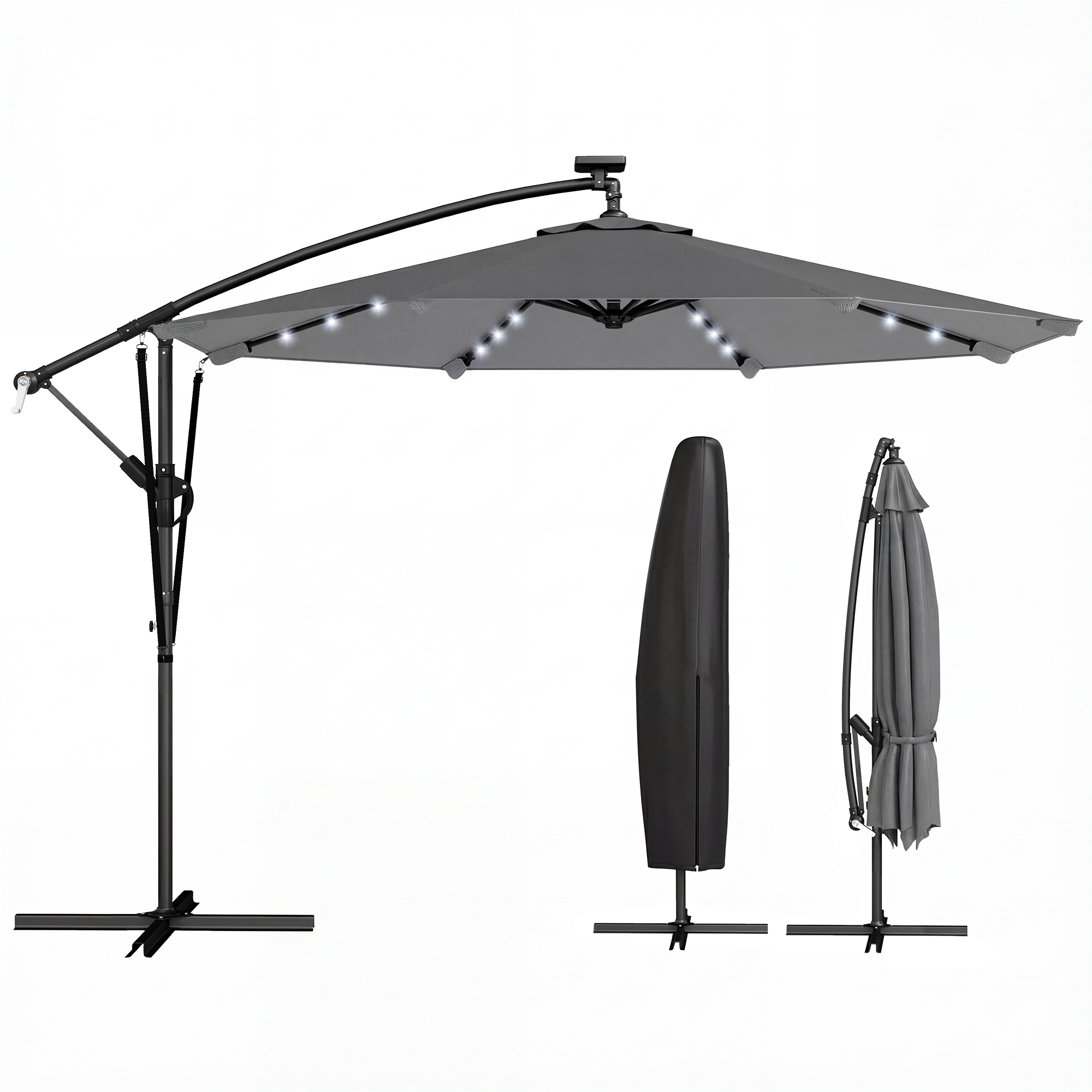 Outsunny Ombrellone Da Giardino A Braccio Con Manovella E 8 Strisce LED A Energia Solare 84d 066wr~84d 066wr