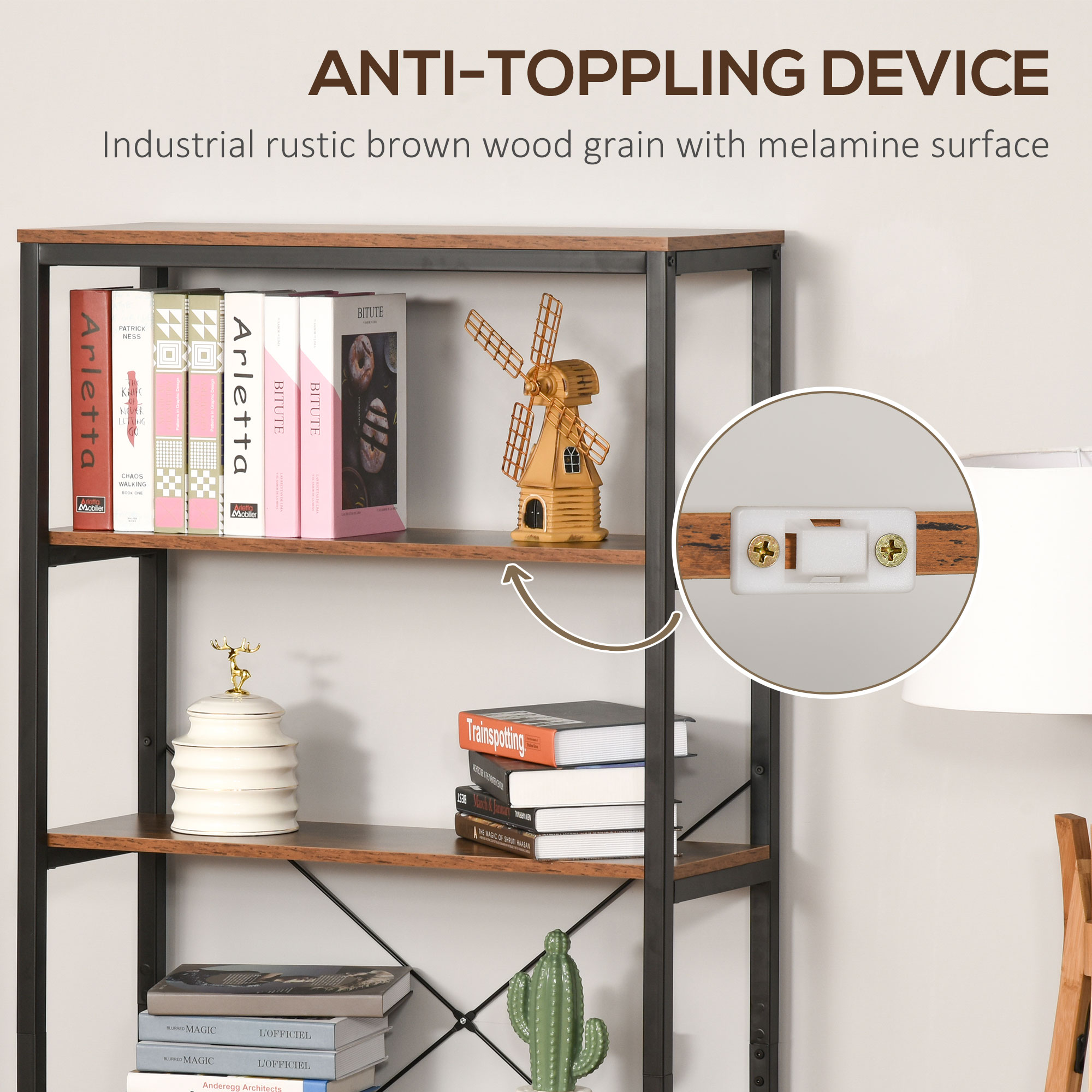  Biblioteca Industriala Vintage - 6 Rafturi din Lemn & Metal Negru [5]