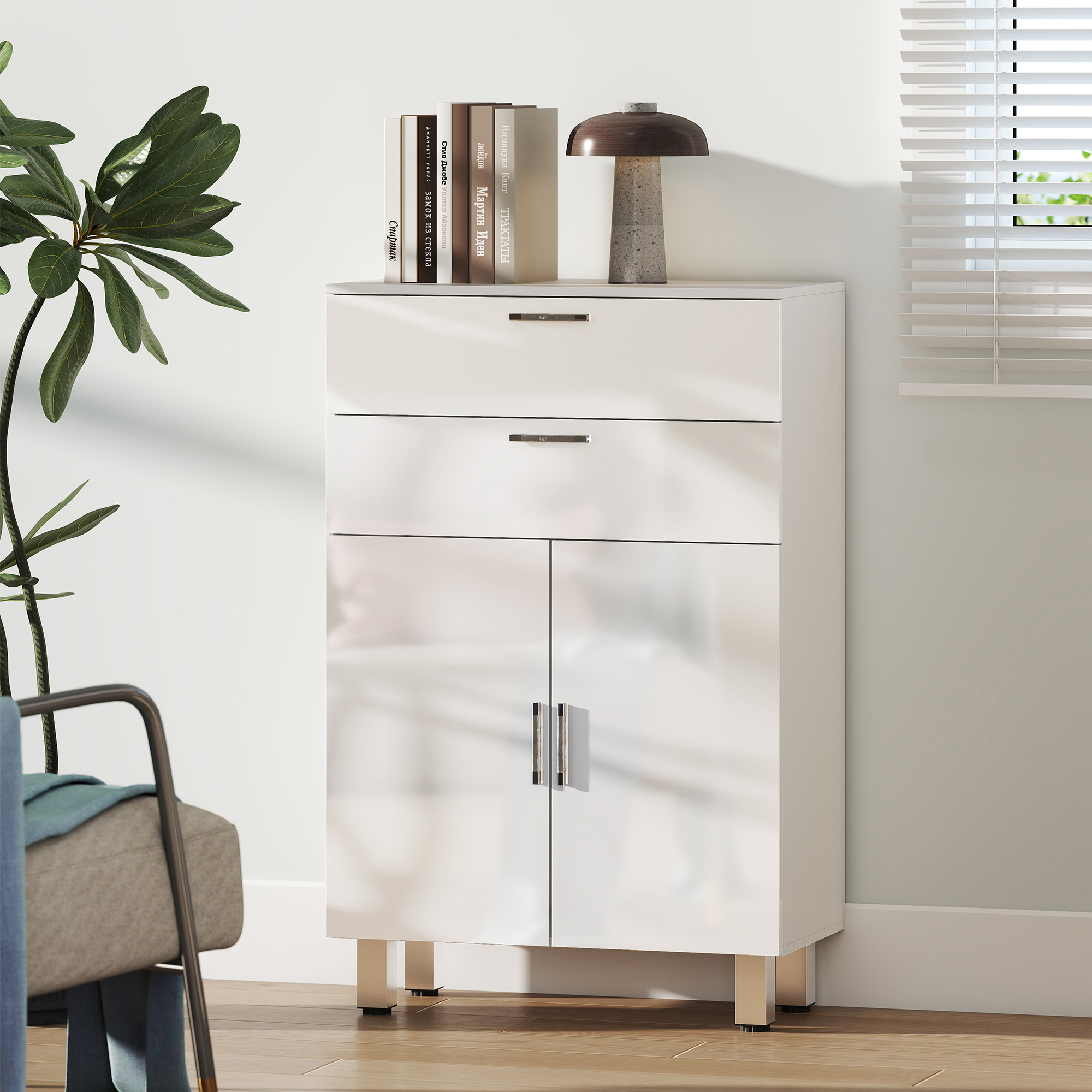 Kleankin Badkamerkast, Verstelbare planken en pootjes, met 2 Laden, Hoogglans Ontwerp, gemakkelijk schoon te maken, 60 x 30 x 93 cm, Wit | Aosom.nl