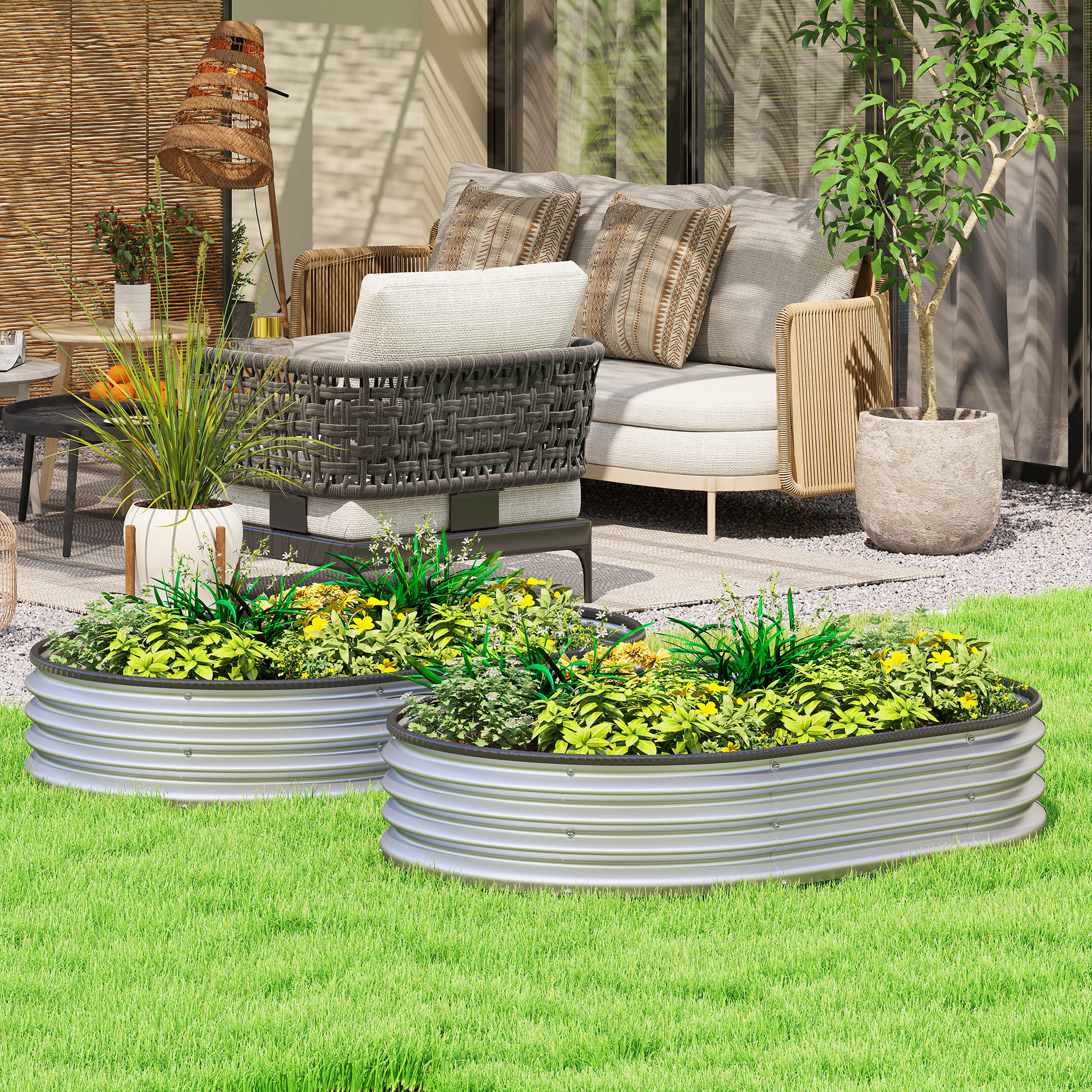 Outsunny Hochbeet Metall 2er Set 135 x 90 x 30cm Oval Hochbeete mit Offenem günstig online kaufen