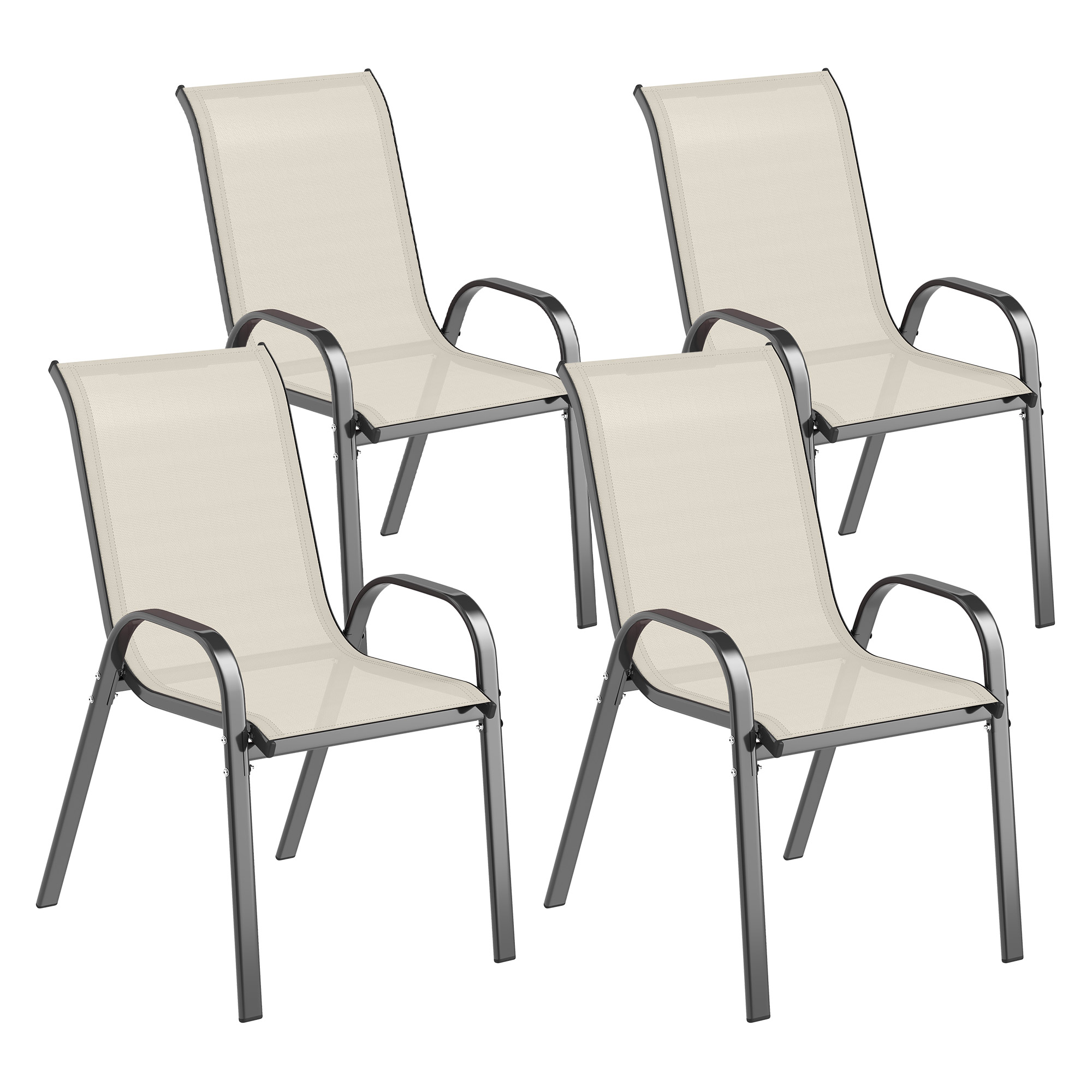Outsunny Set de 4 Sillas de Exterior Apilables con Asiento de Malla Respaldo Alto y Marco de Acero para Jardín Beige y Negro