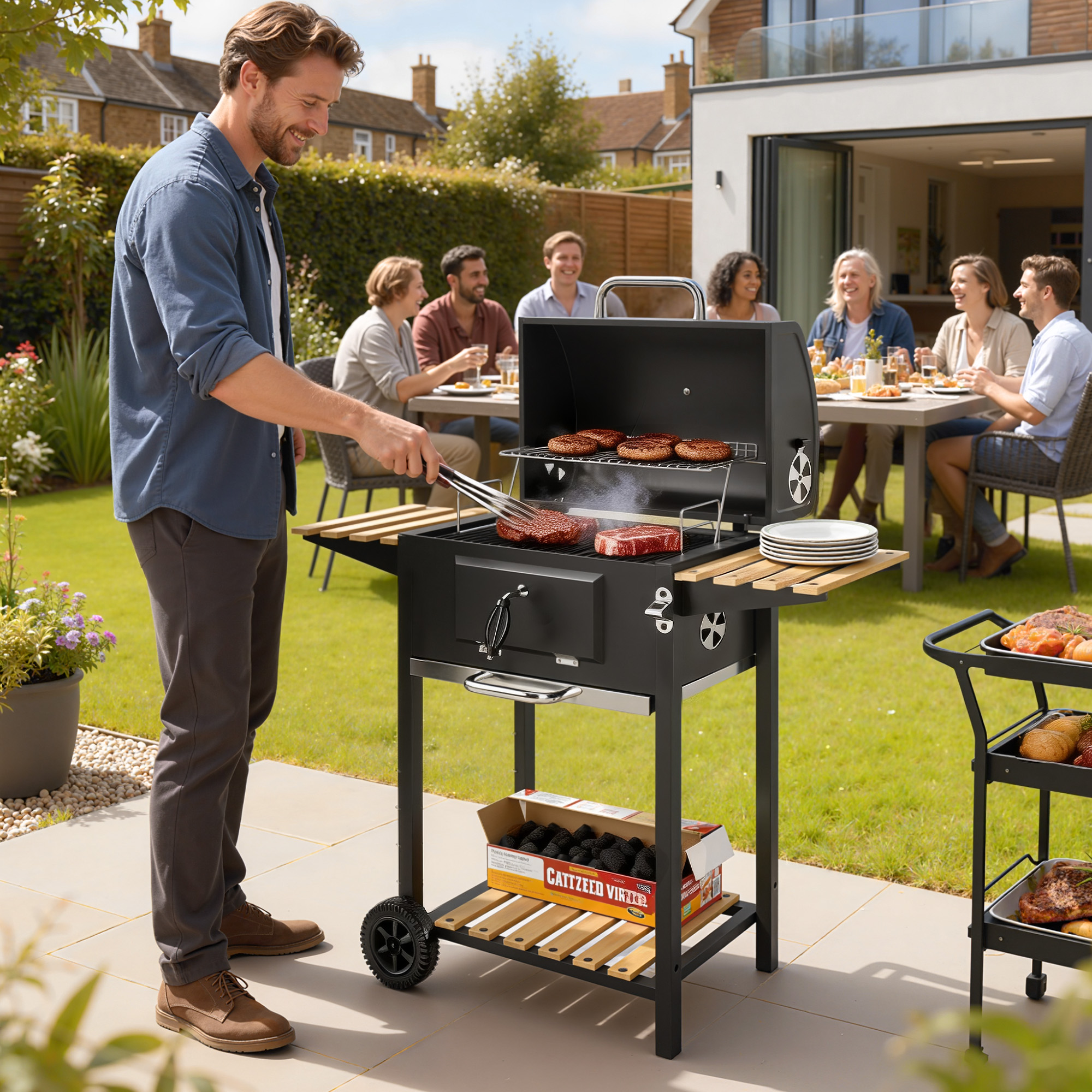 Outsunny Holzkohlegrill aus Edelstahl fahrbar Grillwagen mit Deckel Thermom günstig online kaufen