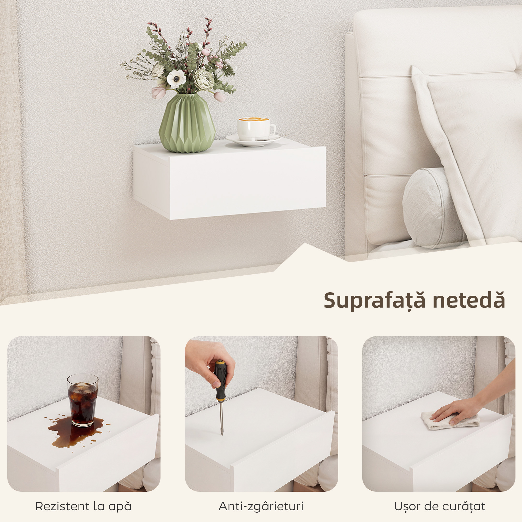  Set de 2 Noptiere Suspendate pentru Dormitor cu Sertar, 40x30x15 cm, Alb [5]