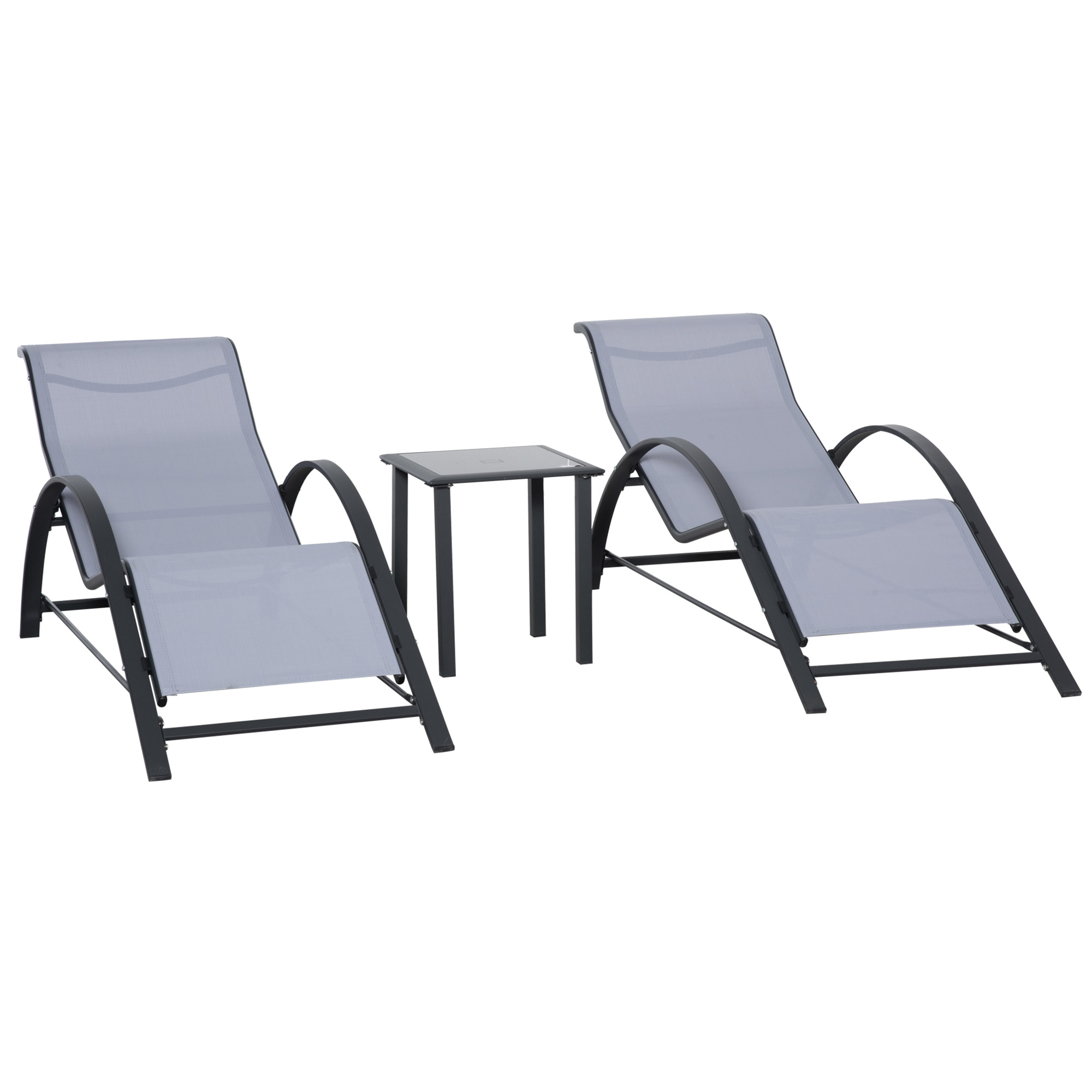 Outsunny Set 2 Gartenliegen und Glastisch, Sonnenliege mit atmungsaktivem Gewebe, 59x169x66 cm, Hellgrau Aosom