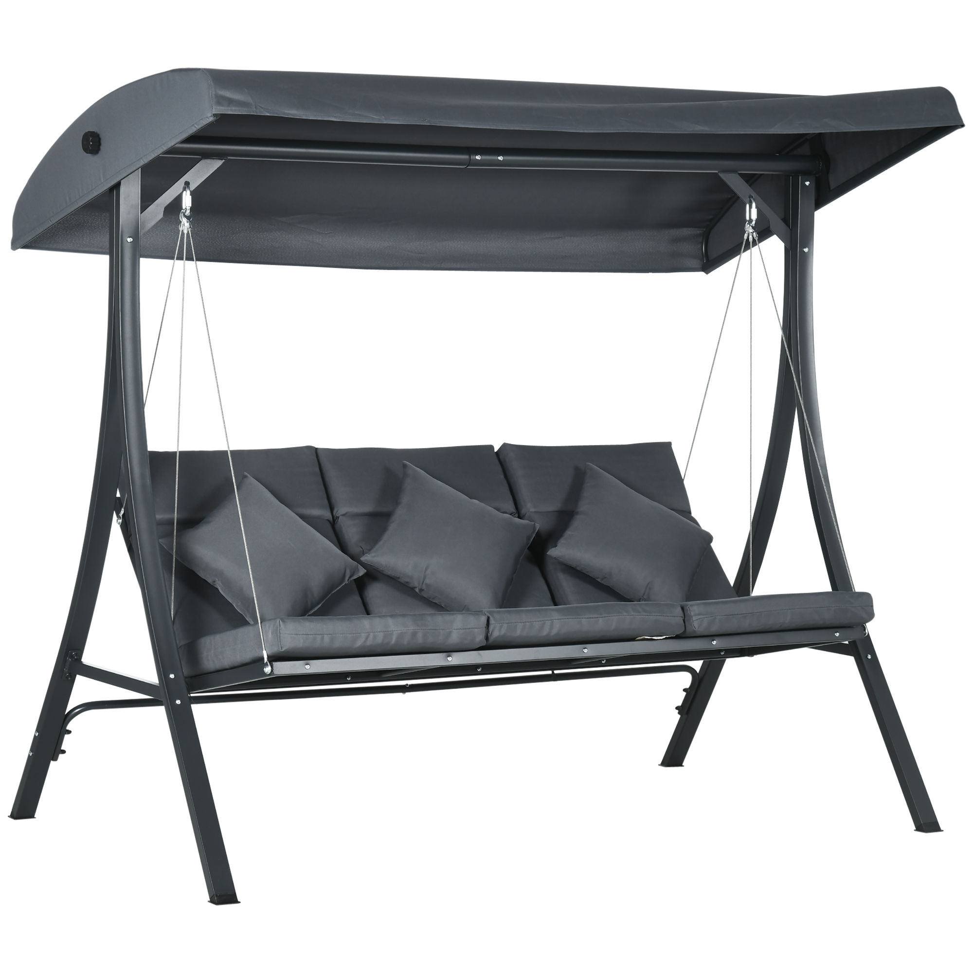 Outsunny Balancín de Jardín Exterior Columpio de 3 Plazas con Toldo Ajustable y Marco de Acero 202x115x168 cm Gris Oscuro