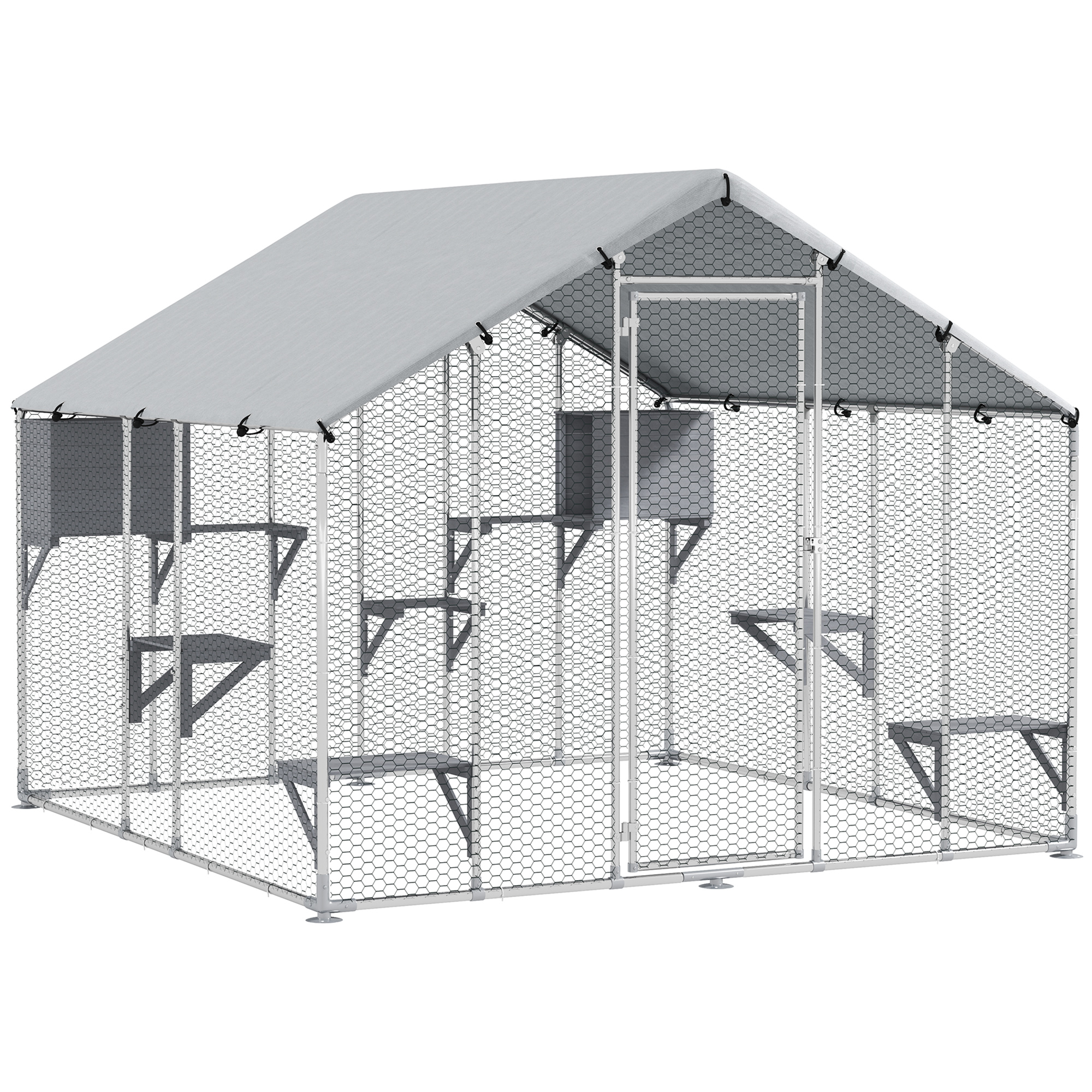 PawHut Jaula Grande para Gatos Exterior con 2 Casitas 7 Plataformas para Saltar Cubierta Impermeable y Anti-UV 240x193x195 cm