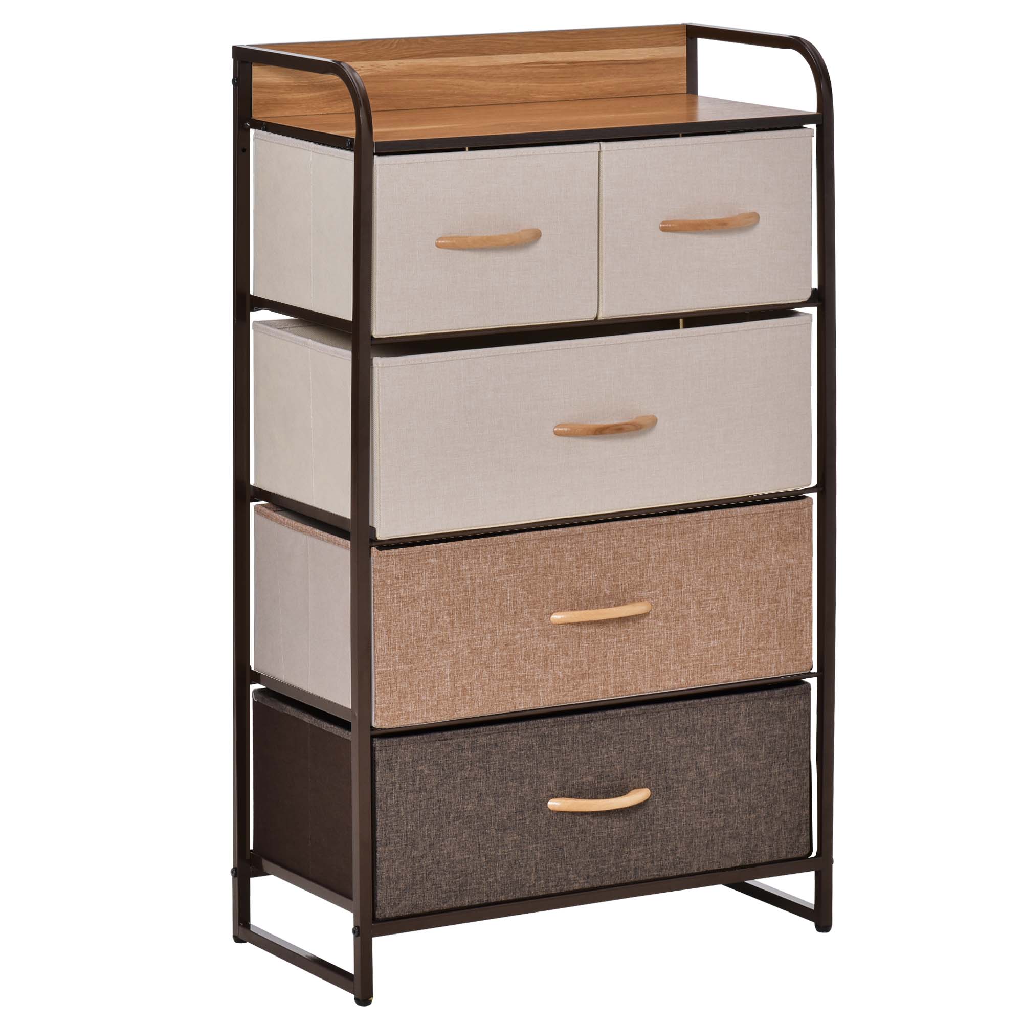 HOMCOM Kommode, Sideboard mit 5 Faltbaren Stoff-Schubladen, Griff, Aufbewahrungsschrank mit Kippschutz für Wohnzimmer, Schlafzimmer, Braun Aosom