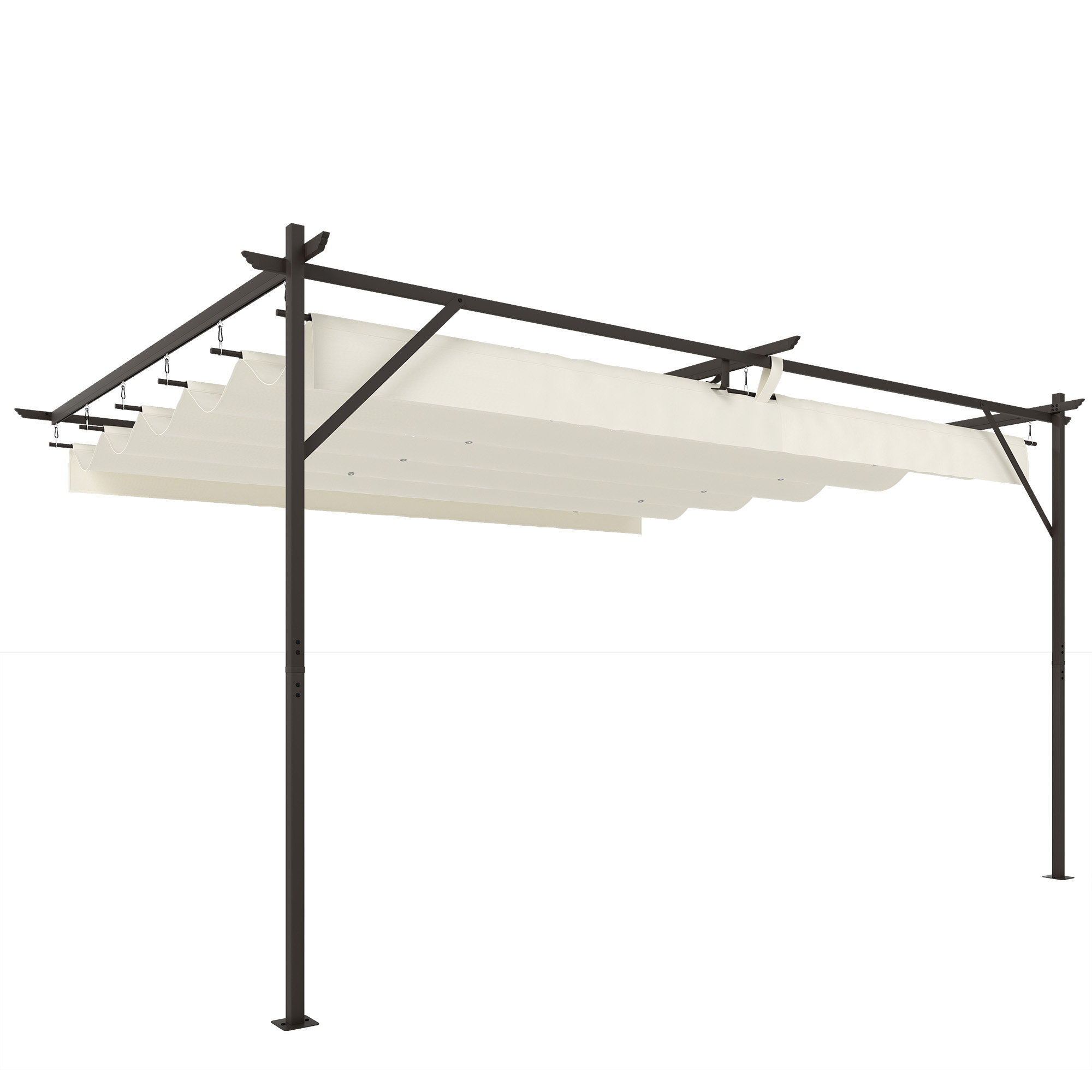 Outsunny Pérgola de Pared de Jardín 4x3 m con Techo Retráctil Protección UPF30+ Drenaje Cenador de Jardín para Exterior Crema