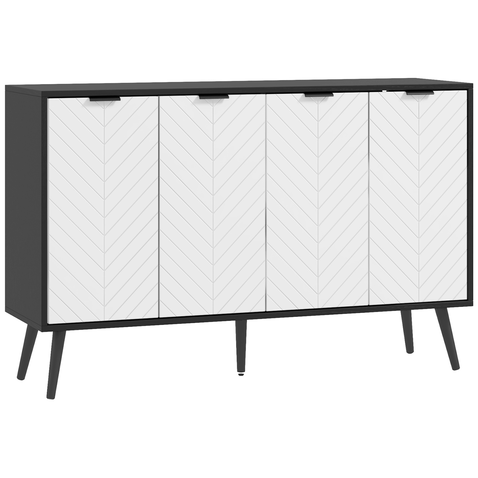 HOMCOM Aparador de 4 Puertas Aparador de Salón Estantes Ajustables Patas de Madera para Cocina Blanco y Negro 120x35x77,4 cm