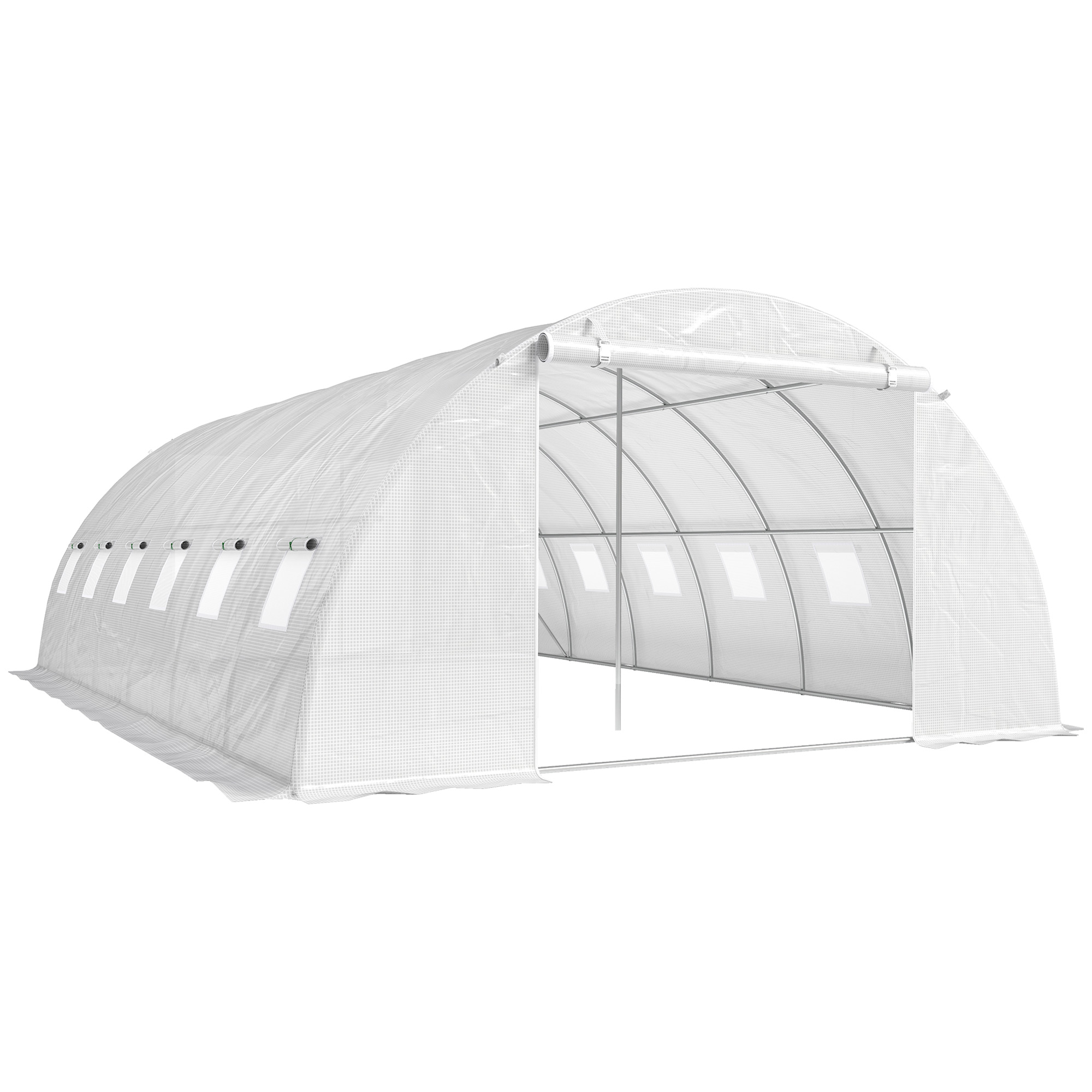 Outsunny Invernadero de Túnel con 2 Varillas de Soporte 2 Puertas Enrollables y Ventanas de Malla Cubierta de PE Anti-UV Blanco
