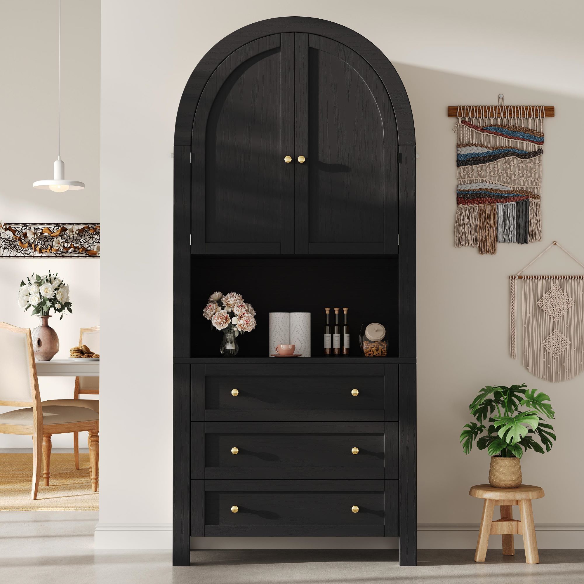 Hoher Bogen-Aufbewahrungsschrank mit 3 Schubladen,Türen aund offenem Ausstellungsfach, für Küche und Wohnzimmer, 70x35x180 cm, Schwarz – Bild 2 von 2