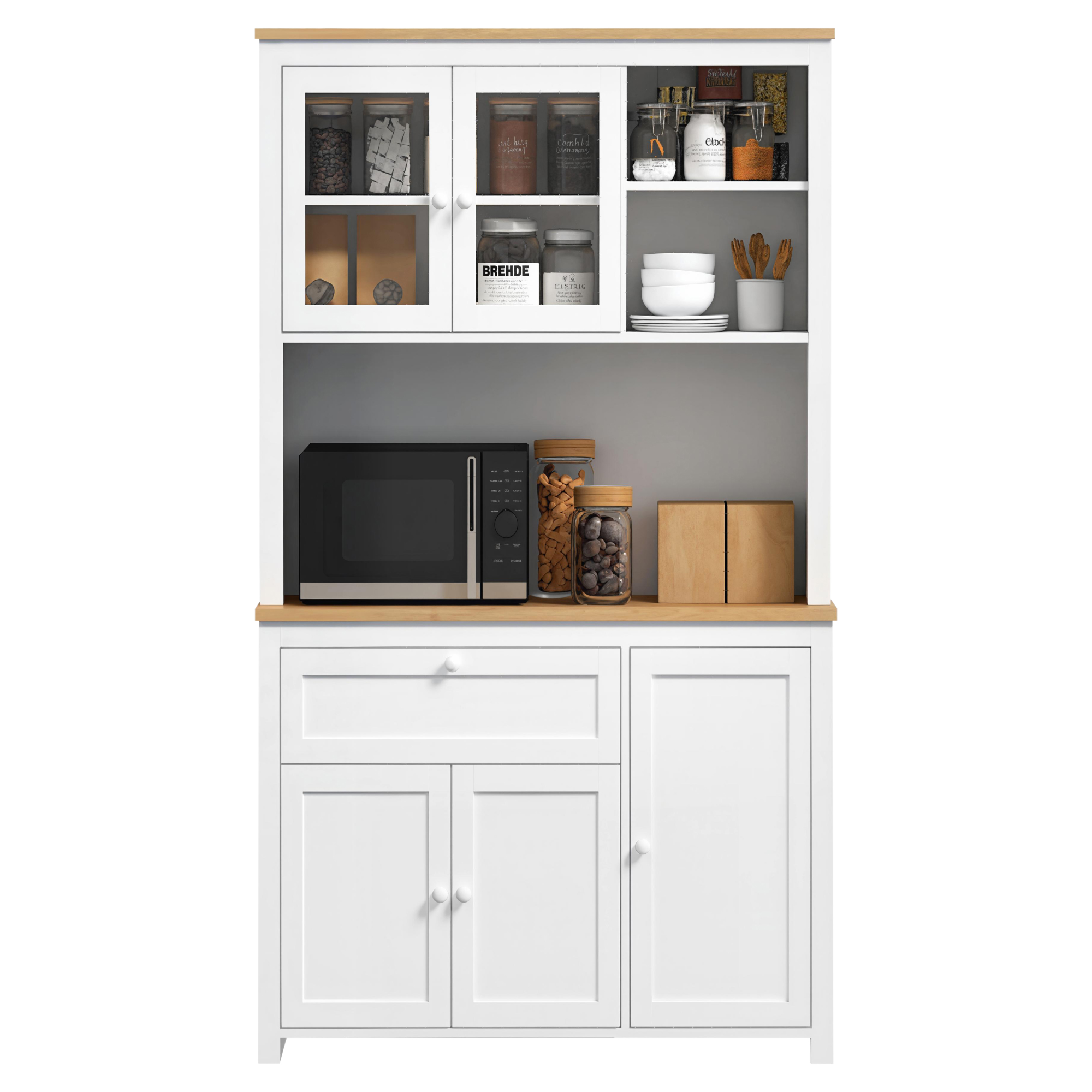 HOMCOM Keukenkast, met lade en verstelbare planken, Landhuisstijl met Open Schap en 2 Kasten, Kabelbeheer, 100 x 40 x 180 cm, Natuur+Wit | Aosom.nl