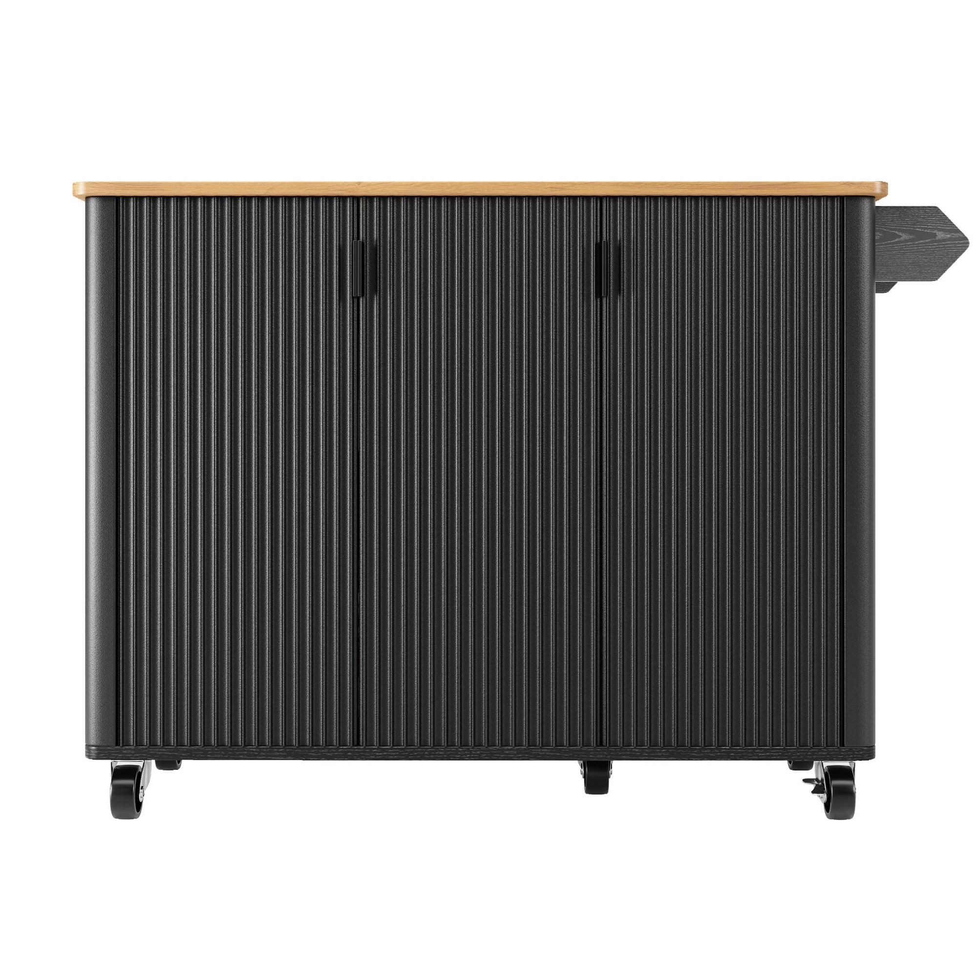 Insulă mobilă de bucătărie cu blat rabatabil, 3 uși, suport pentru prosoape și raft pentru condimente, 130x45/75x92 cm, Negru