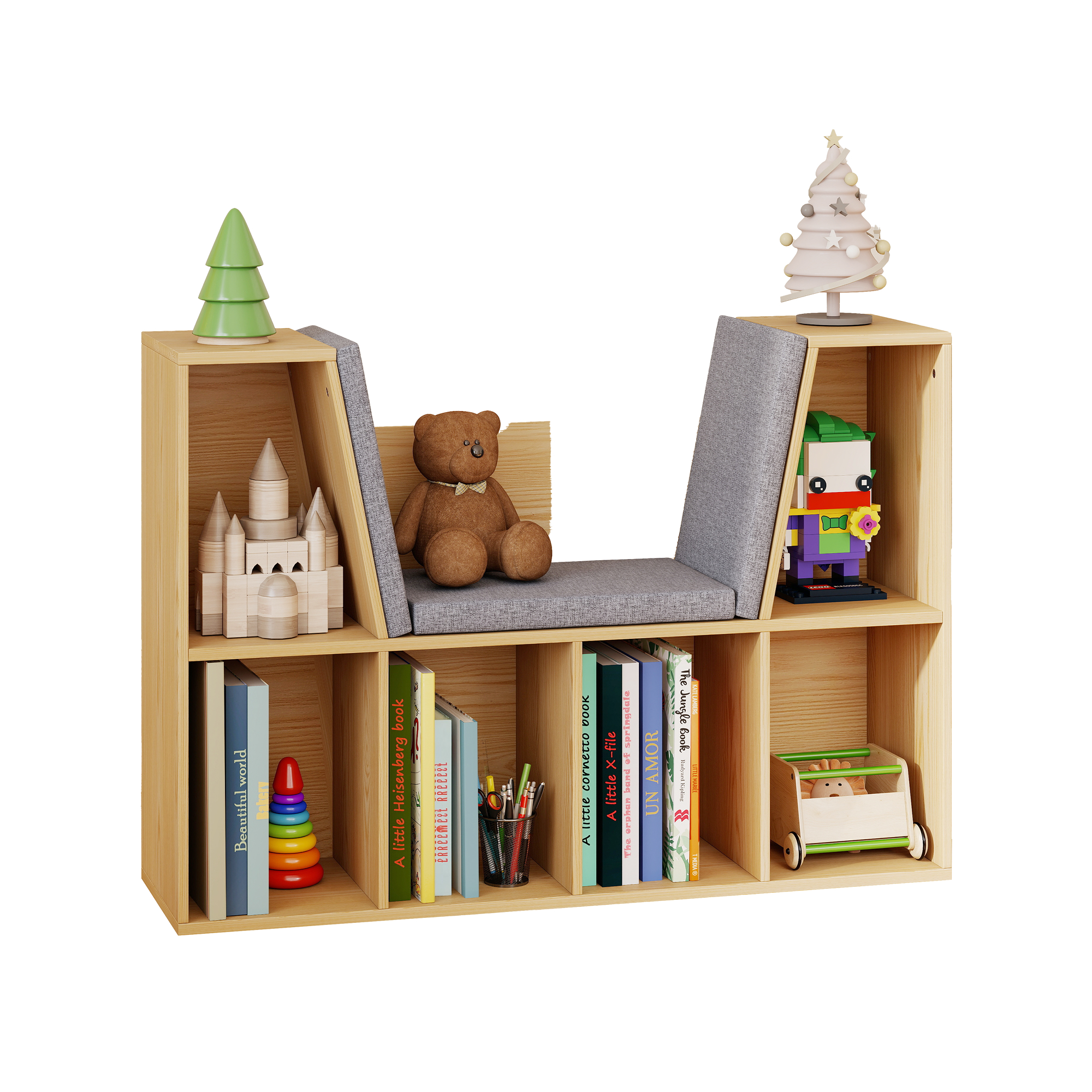 PawHut Kinderboekenkast Comfortabele 2-in-1 speelbank en boekenrek van MDF met kussens en compartimenten, grijs naturel, 103x30x62 cm | Aosom.nl