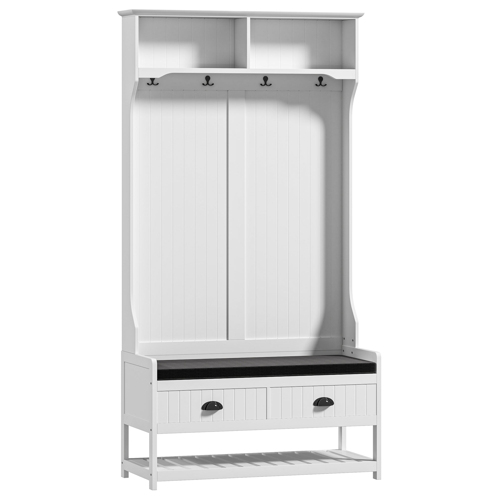 HOMCOM 2-in-1 Garderobenständer, Kleiderständer mit 4 Haken, Garderobe mit Schuhbank und Ablagen, Jackenständer mit Kippschutz, für Eingangsbereich, Flur, Schlafzimmer, Weiß+Grau Aosom