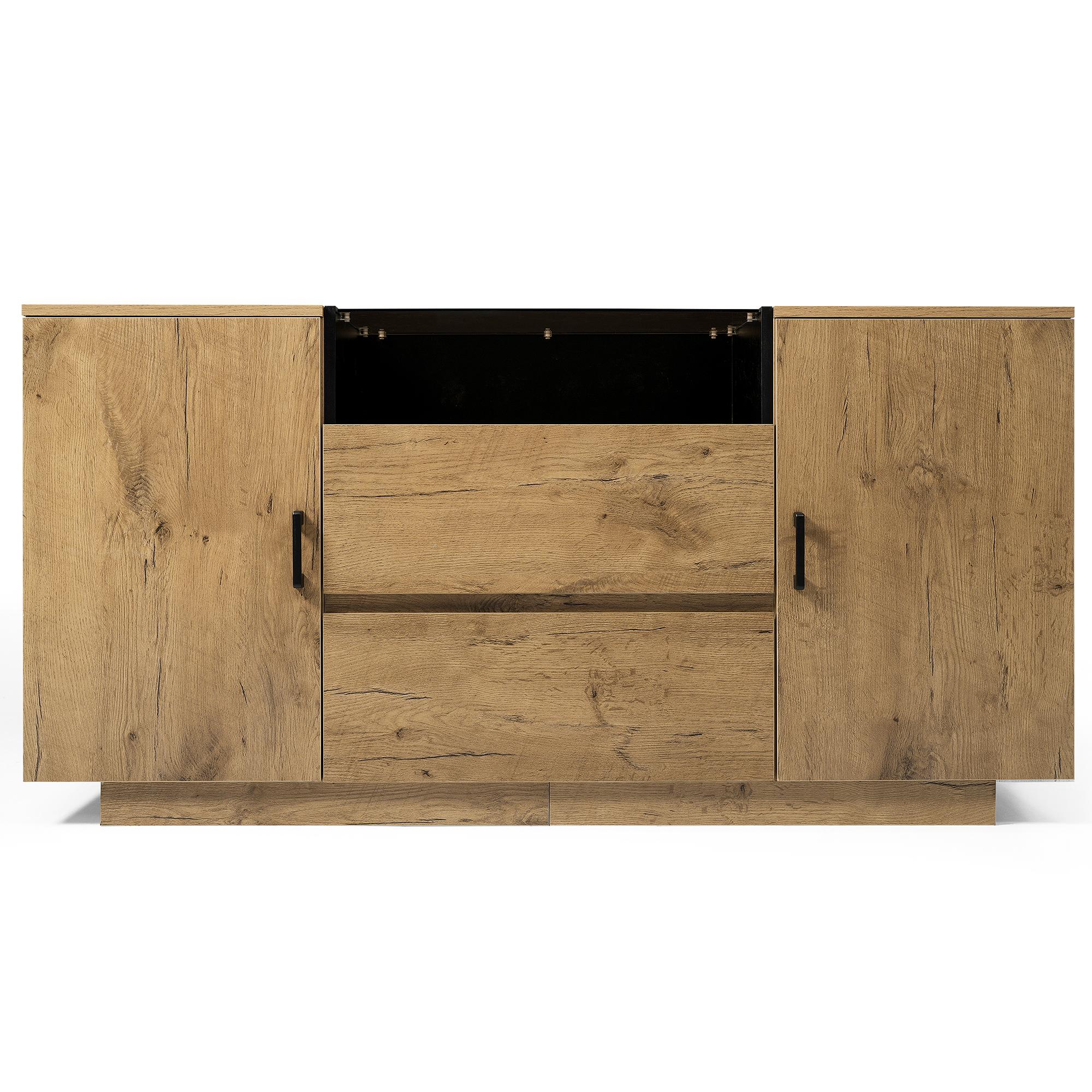 Comodă-sideboard cu 2 sertare, 2 dulapuri cu înălțime reglabilă și compartiment deschis, 140x40x70 cm, Culoare naturală