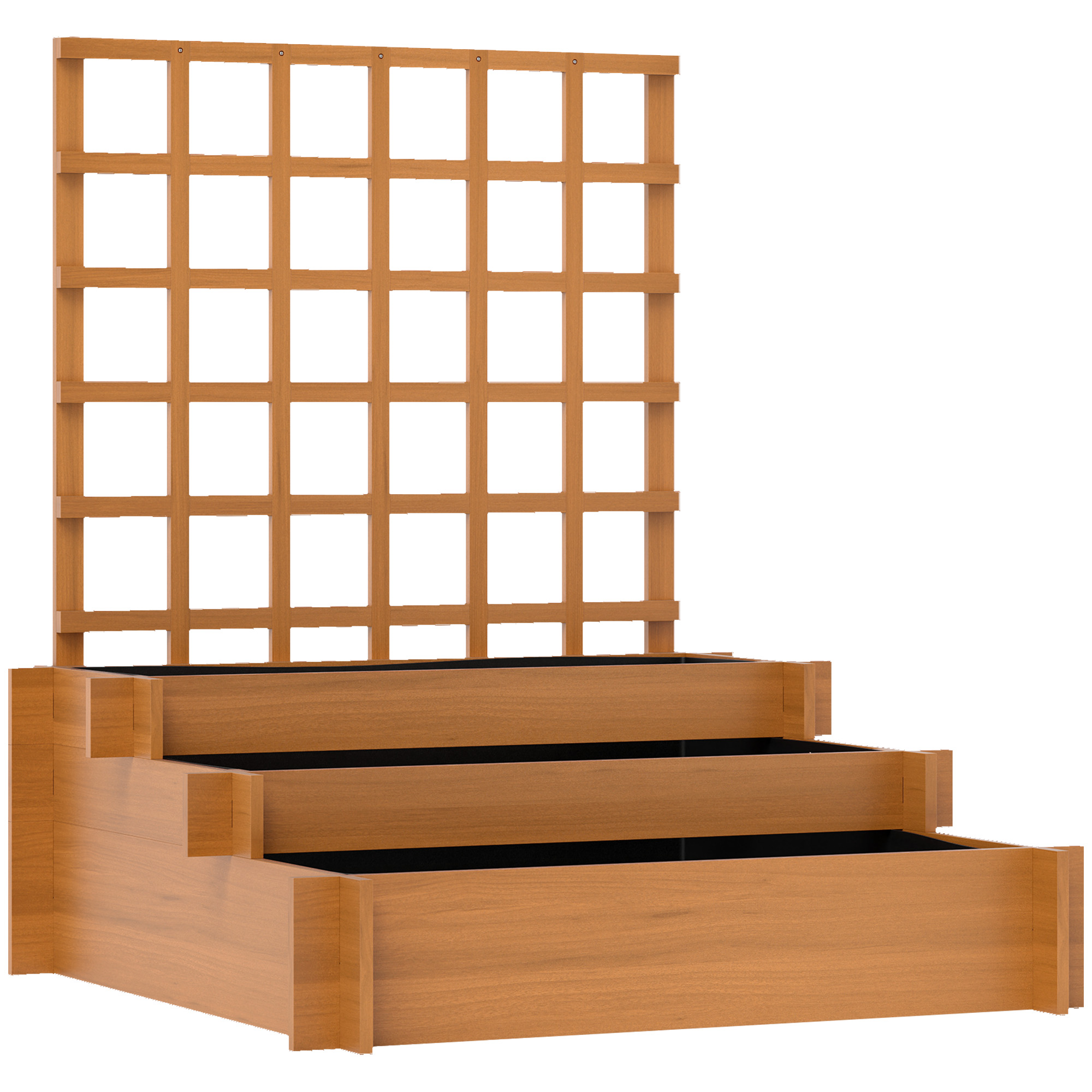 Outsunny Jardinieră cu 3 Niveluri și Grilaj pentru Plante Cățărătoare, Straturi Ridicate din Lemn, 95x95x110cm, Natural | Aosom Romania