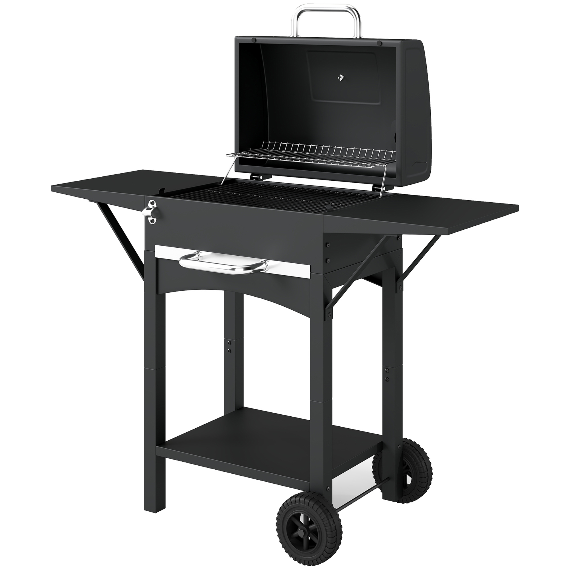 Outsunny Barbecue à charbon avec couvercle, fumoir BBQ avec 2 tables latérales, grande surface de cuisson, grille, thermomètre, roues