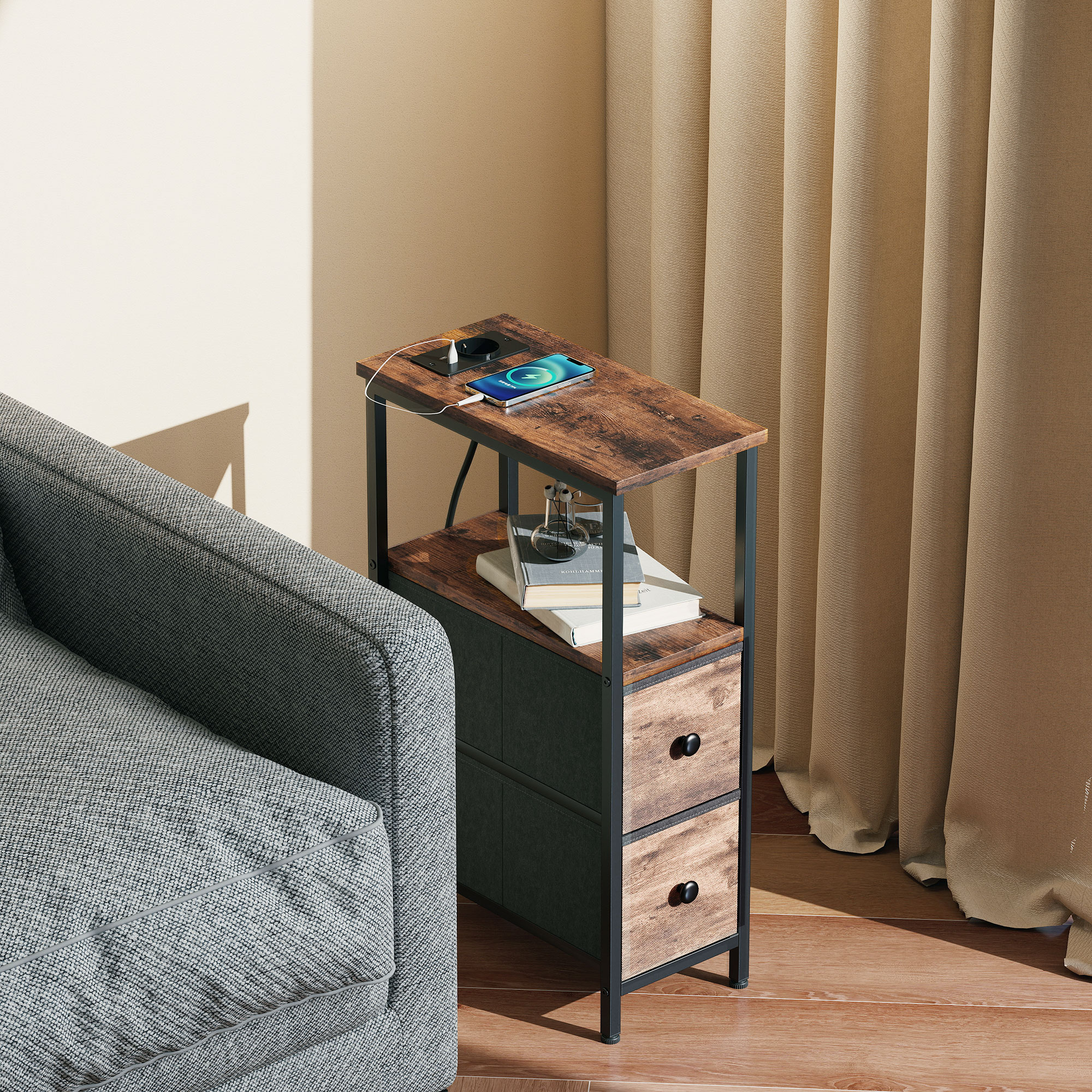 HOMCOM Couchtisch Beistelltisch mit Ladestation, Stahlrahmen, Schmal Wohnzi günstig online kaufen