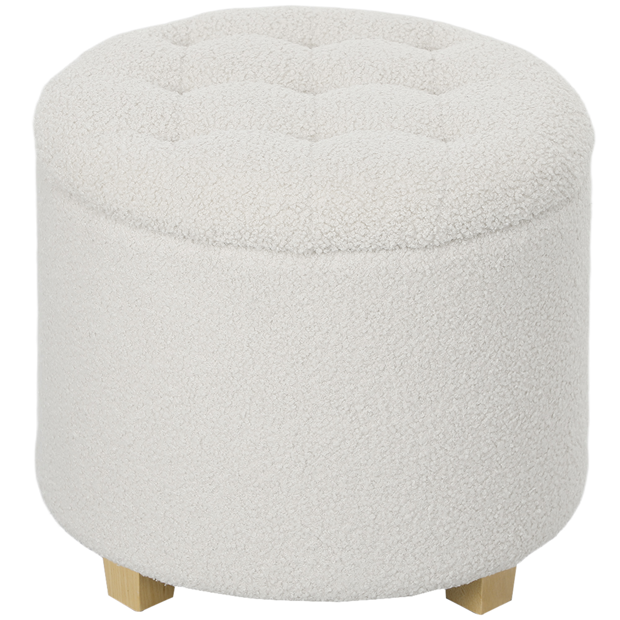 HOMCOM Puff Almacenaje Baúl de Almacenaje Redondo 40,5L 45x45x41 cm Tapizado en Borreguillo con Patas de Madera Blanco