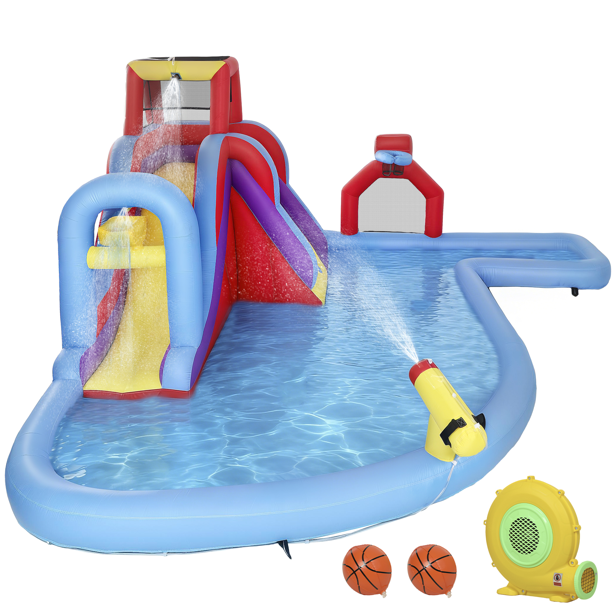 AIYAPLAY Wasseraufblasbares Schloss mit Gebläse 550W 6-in-1 Aufblasbarer Spielplatz für Kinder mit Rutsche Kletterwand Pool Basketballkorb Fußballtor Außen Innen 470x445x205 cm Aosom