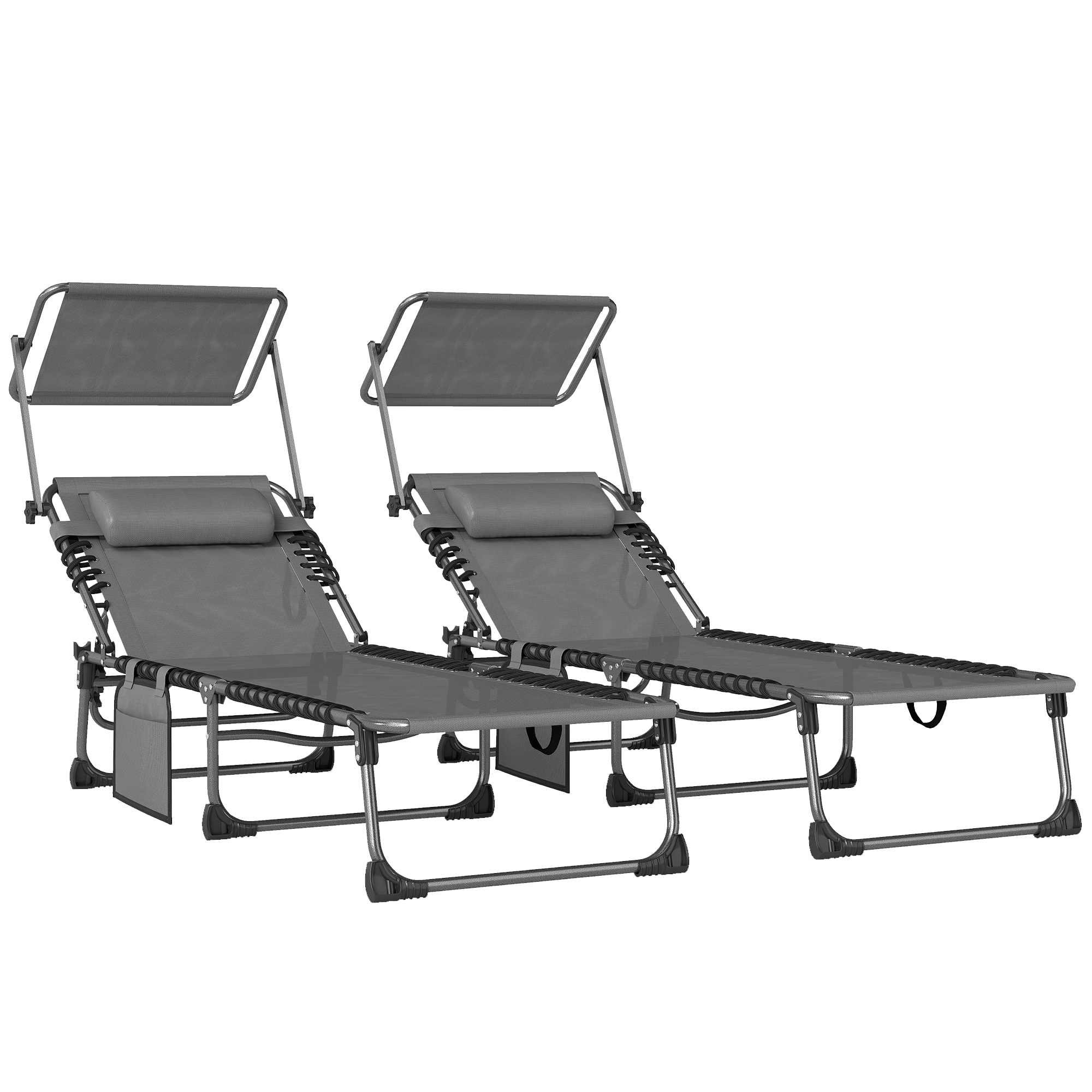 Outsunny Set de 2 Tumbonas Plegables con Reposacabezas Parasol Bolsillo Lateral y Respaldo Reclinable en 5 Posiciones Gris