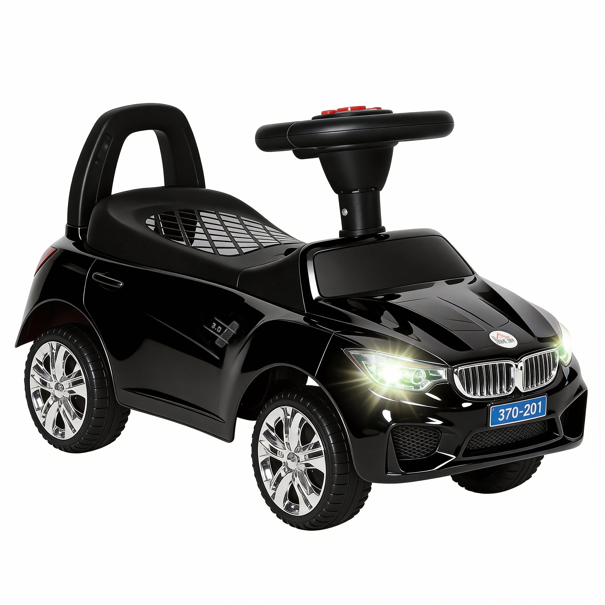 HOMCOM Coche Correpasillos para Niños de 18-36 Meses con Faros Música Bocina Volante Espacio de Almacenaje y Asa Negro