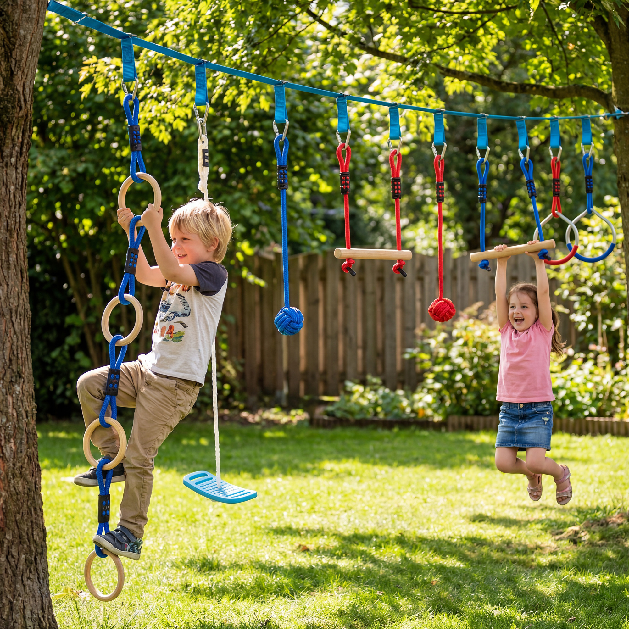 AIYAPLAY Ninja Line Set Slackline per bambini 24 m con anelli ginnici, 7 ostacoli, sbarra da arrampicata, ponte d'equilibrio per 3-6 anni Rosso+Blu | Italy