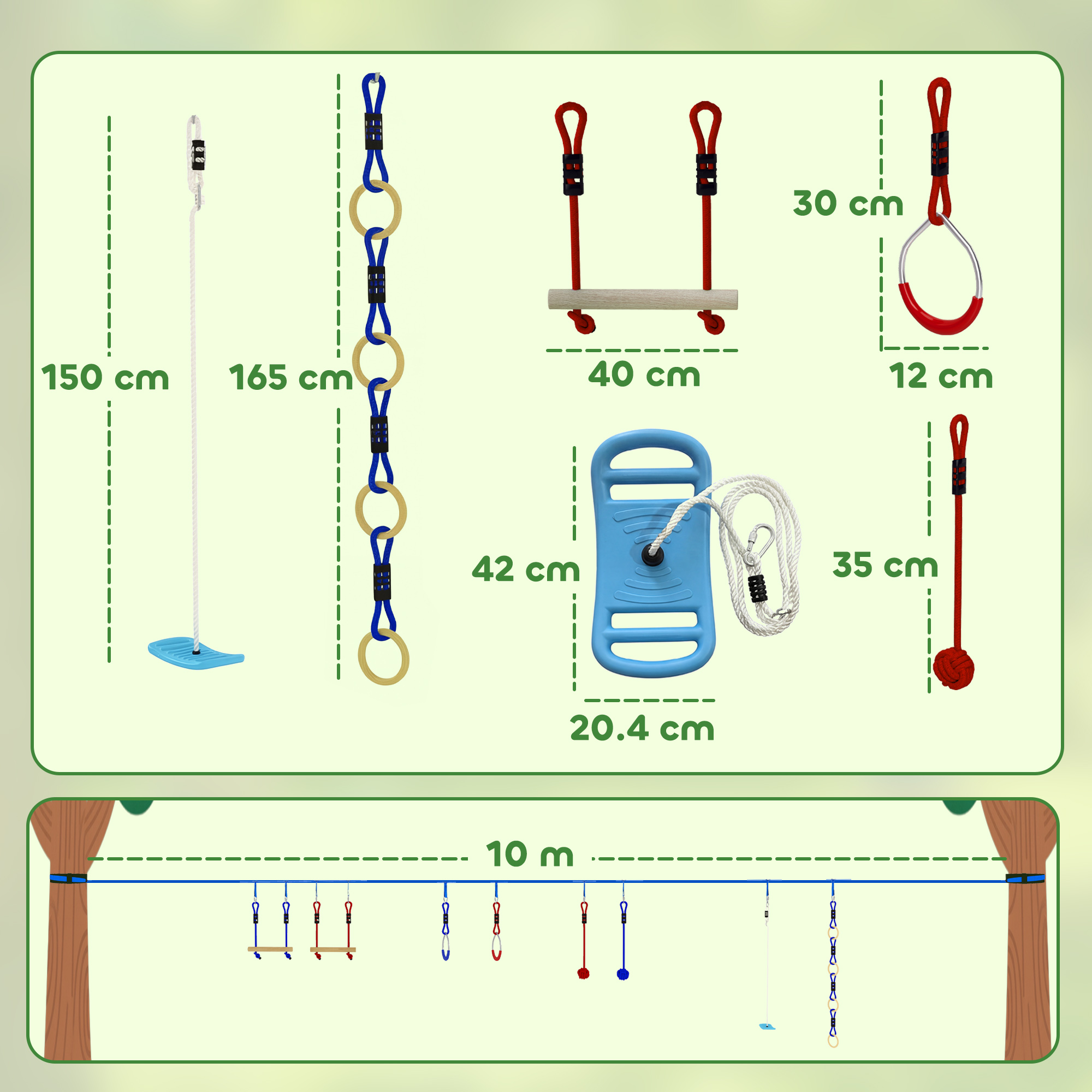 Dripex Percorso ad Ostacoli Ninja per Bambini- 15m×2 Ninja Slackline e 10 Ostacoli Durevoli - Percorso di Allenamento all'aperto in Cortile con Altalena, rete e Scala per Arrampicata, Ginnastica