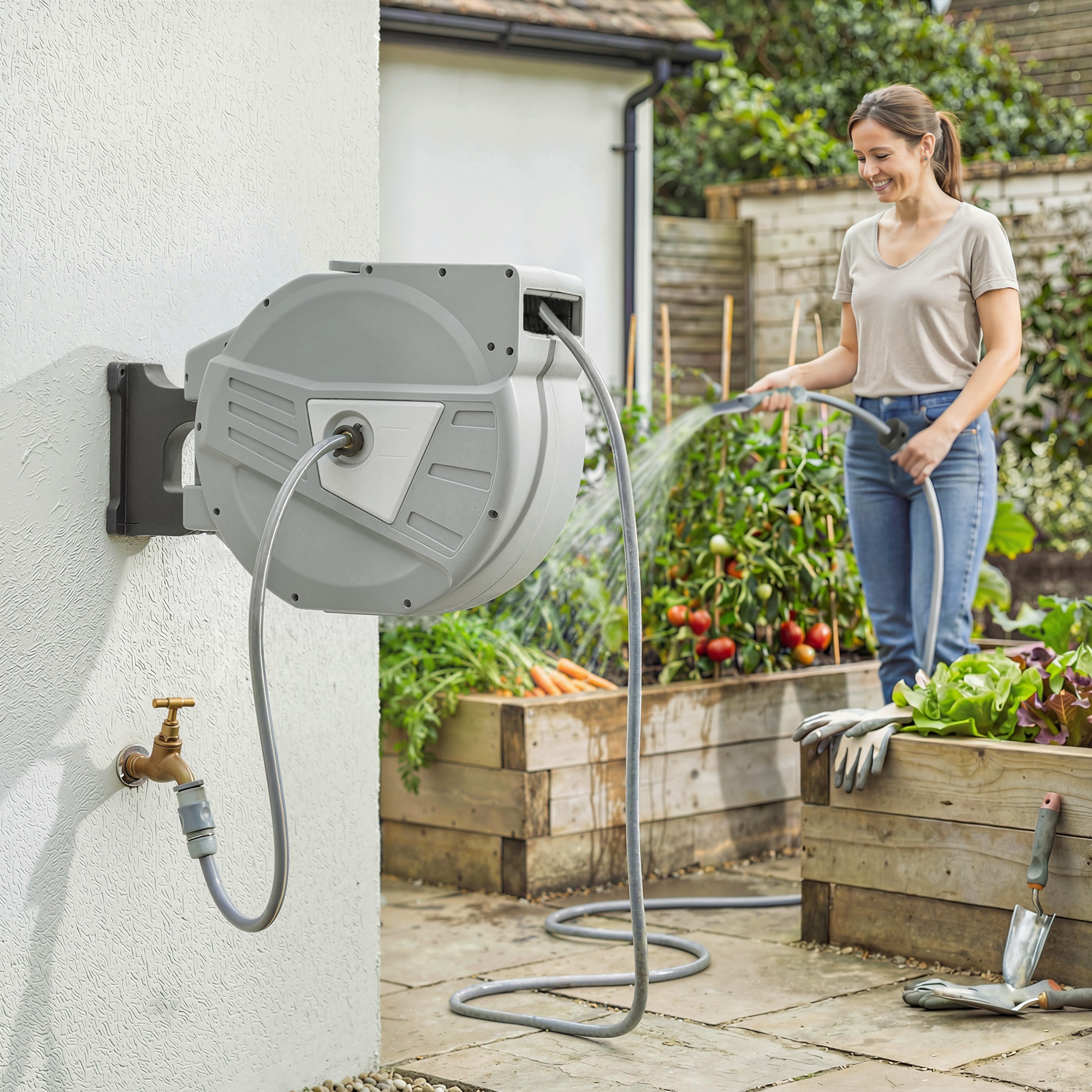 Outsunny Wand-Schlauchaufroller 40+2 m, 180° schwenkbar, Schlauchaufroller, günstig online kaufen