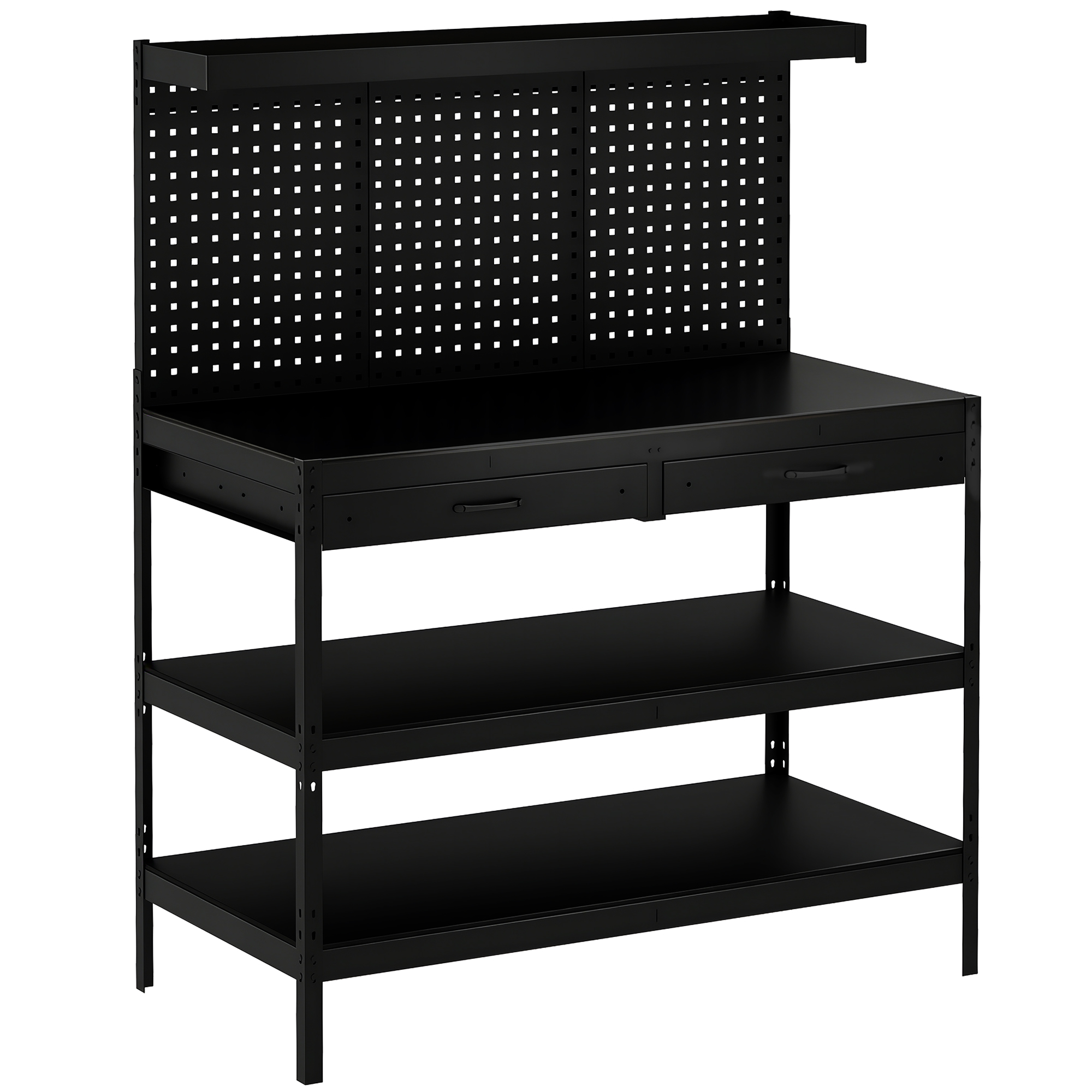 HOMCOM Banco de trabajo con estantes ajustables, estación de trabajo robusta con panel perforado y 2 cajones, 122 x 61 x 156 cm, Negro