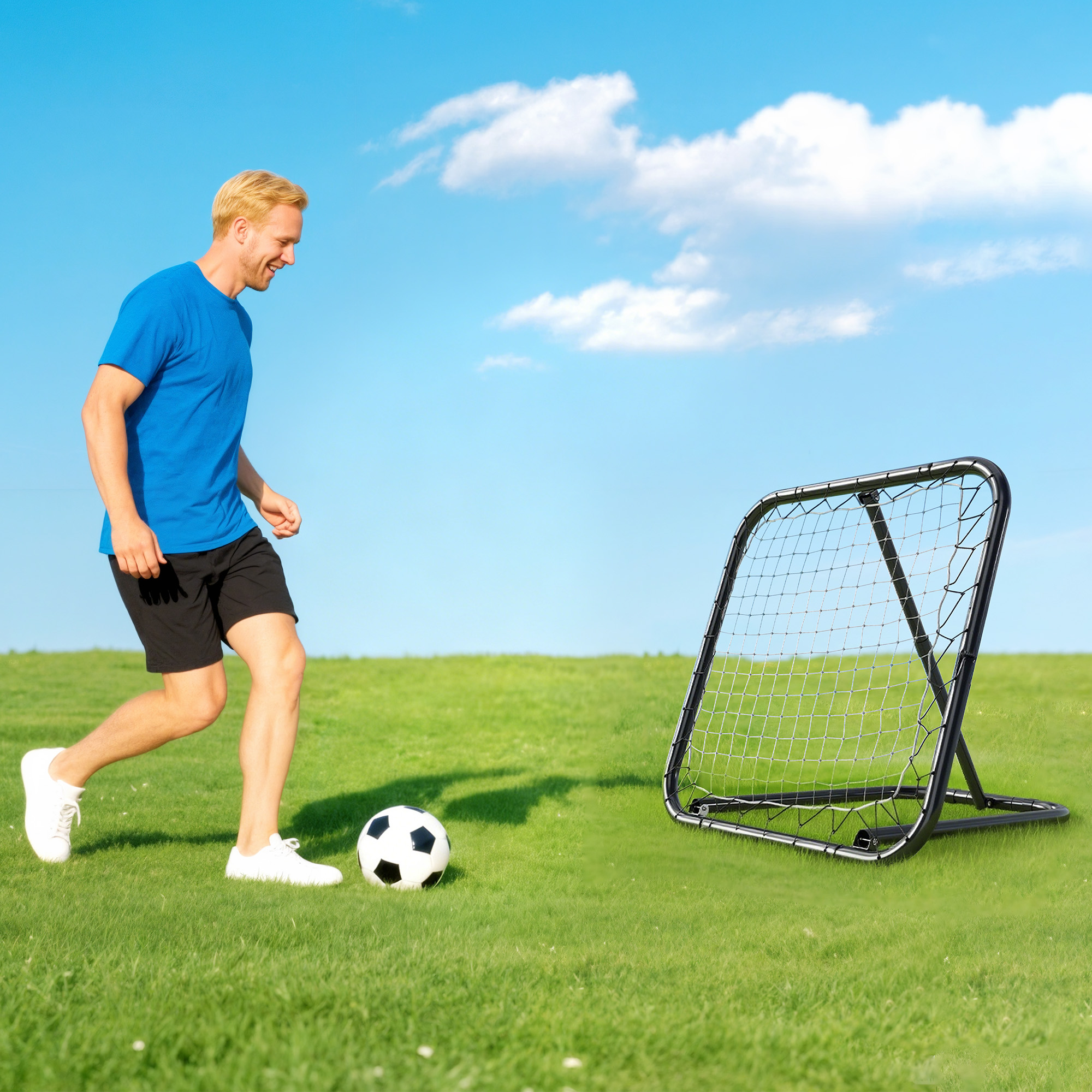 Filet De Rebond De Football HOMCOM – 78x84x78 Cm, Angle Réglable 5 Positions, Pliable, Avec 4 Piquets U, Structure Métal Q195 Et Filet PE – Multiusage