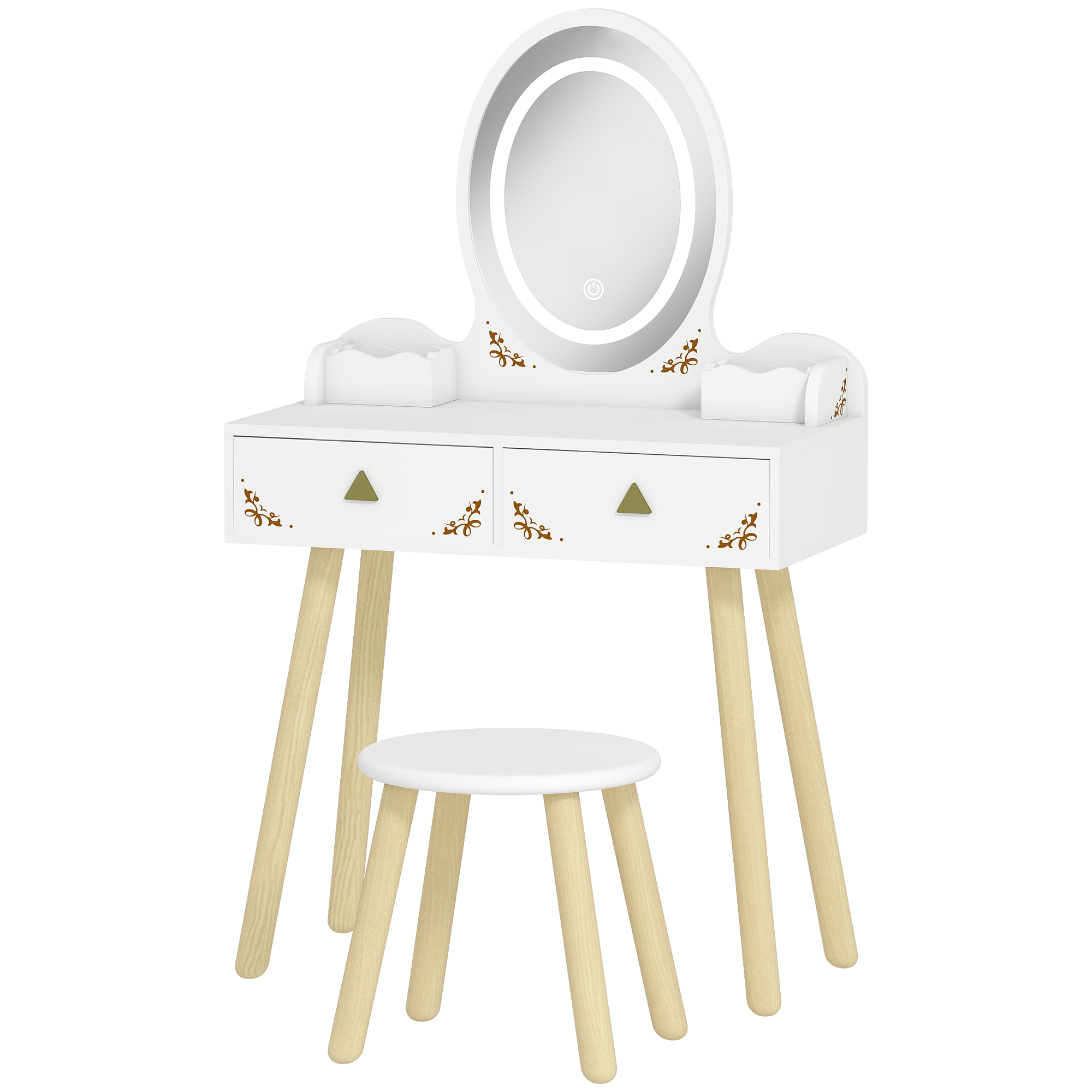 AIYAPLAY Coiffeuse pour enfant 2 en 1 bureau enfant fille avec miroir à LED 3 couleurs et tabouret 60x30x99,3 cm blanc