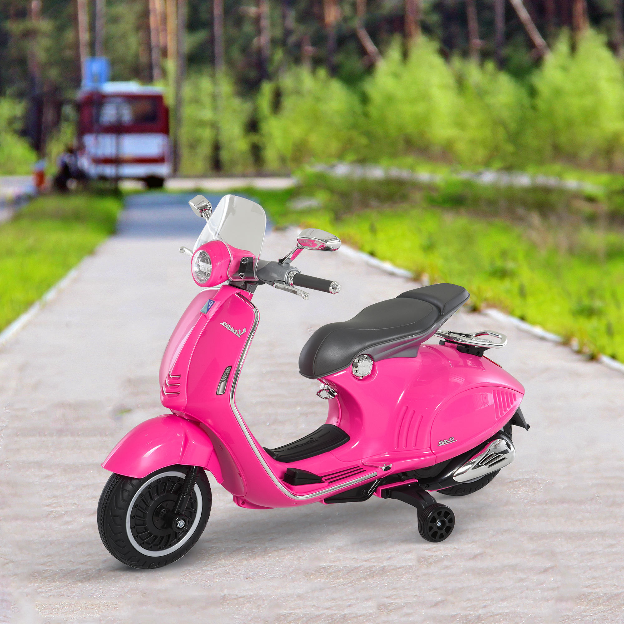 HOMCOM Vespa Scooter Électrique Enfant – 6 V – Musique, Klaxon, Phare – 2 Roulettes Auxiliaires – 3-6 Ans – Rose – Licence Officielle
