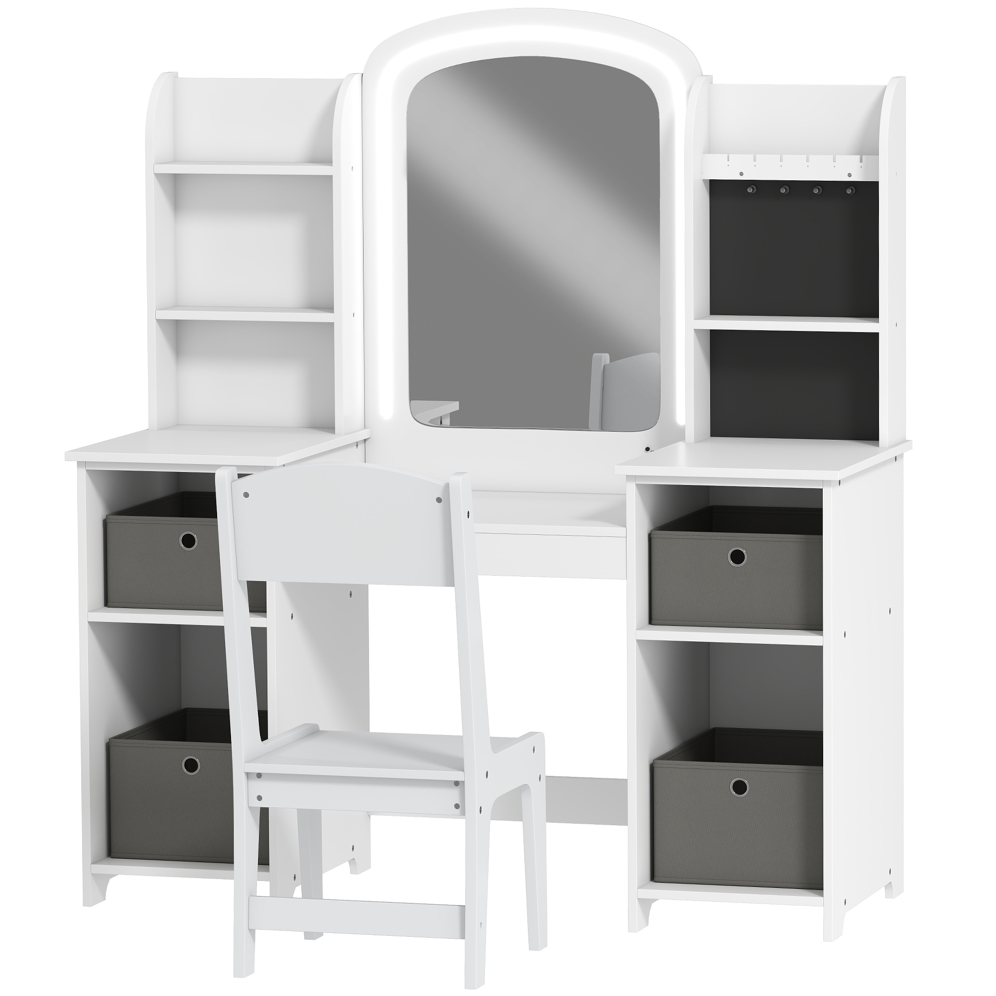 AIYAPLAY Coiffeuse pour enfants avec tabouret et miroir LED, table de maquillage pour 3 à 8 ans, 104 x 40 x 112 cm, blanc